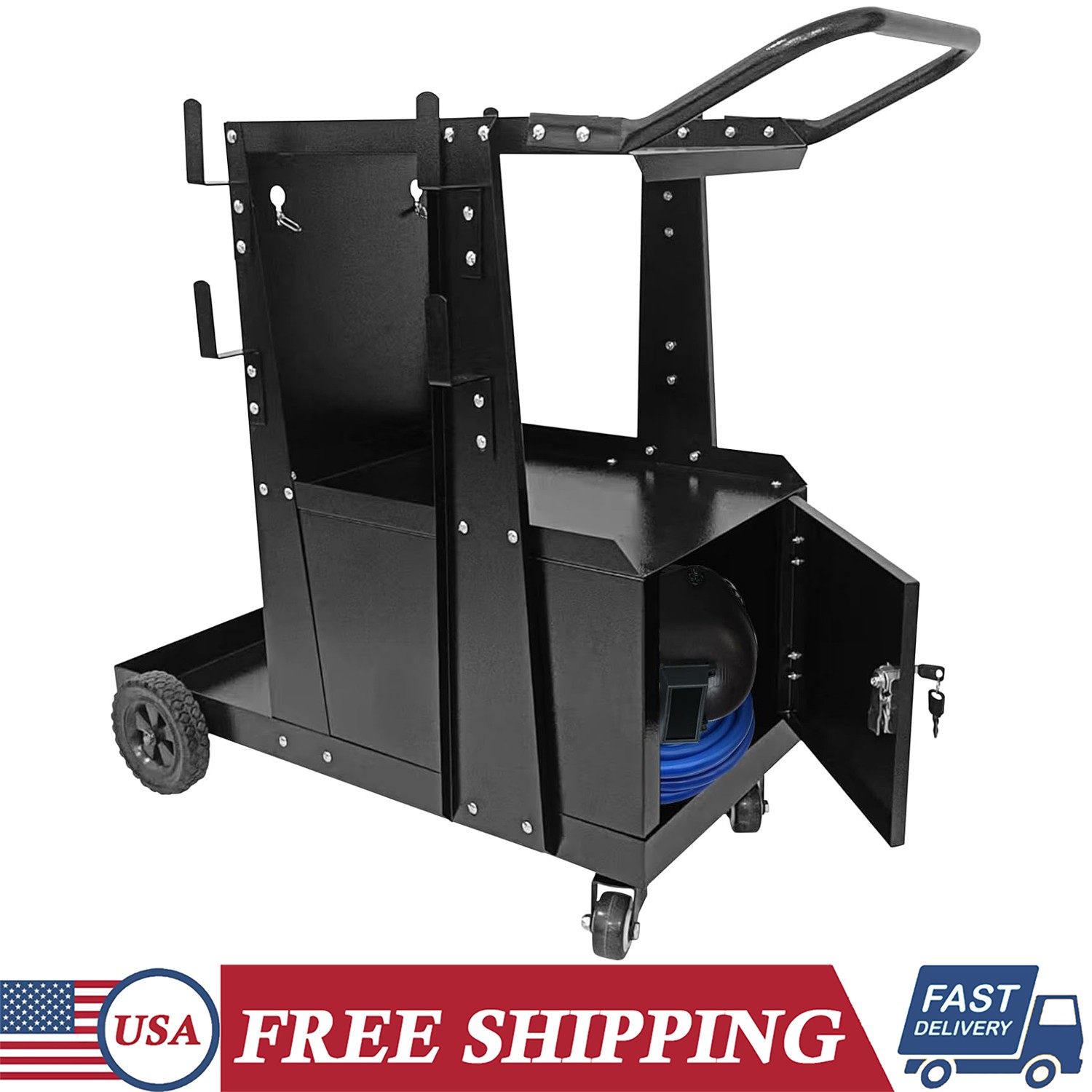 2 Tier Welding Cart with Lockable Cabinet for TIG MIG Welder and Plasma Cutter