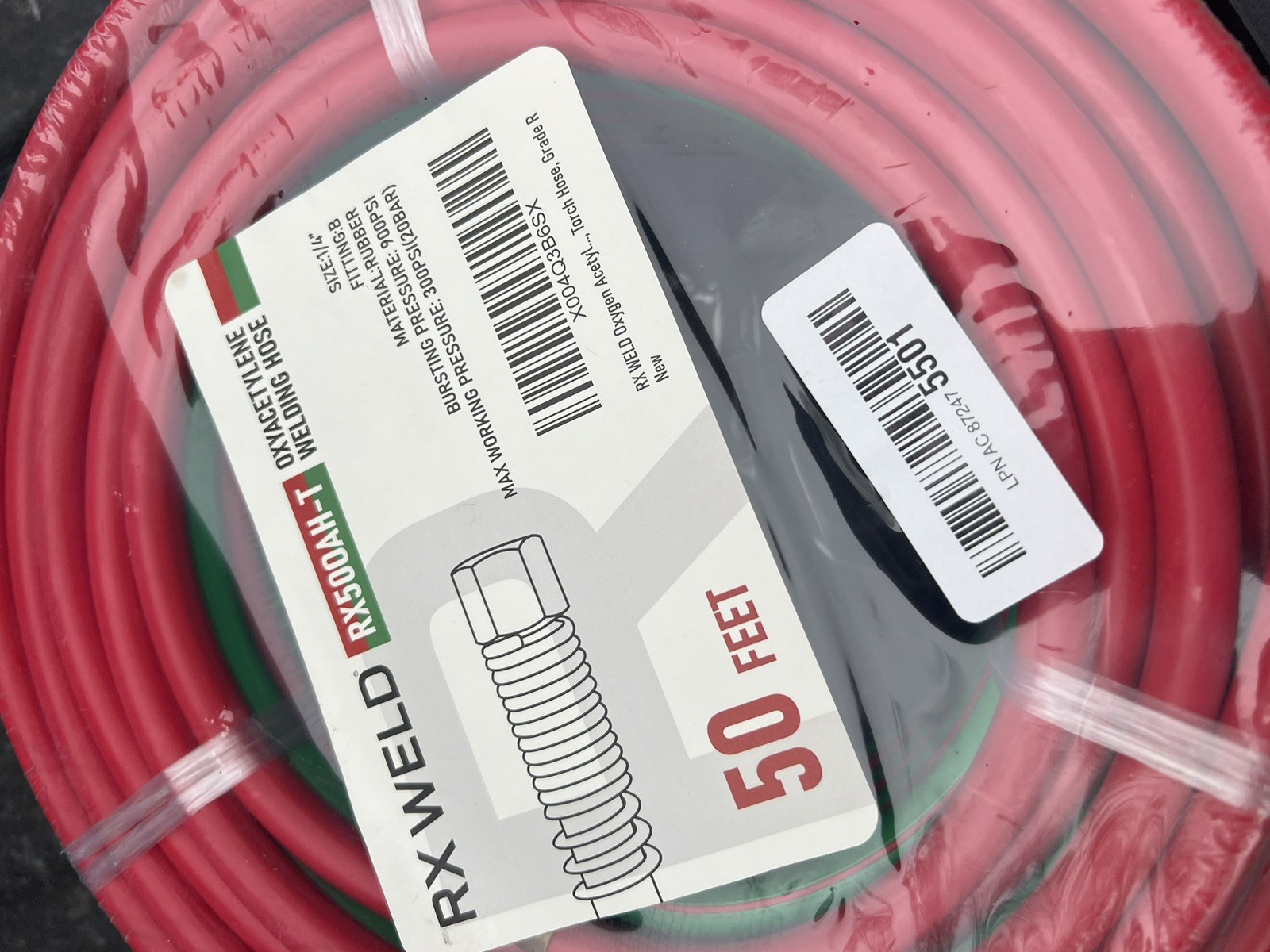 RX WELD 50 FT 1/4″ Oxy Acetylene Welding Hose with 9/16″-18 B Fittings