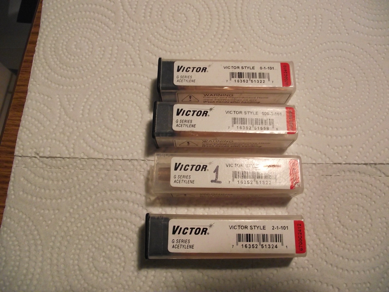 4 Victor aycetelene torch tips G Series 0-1-101, 000-1-101, 1-1-101, and 2-1-101