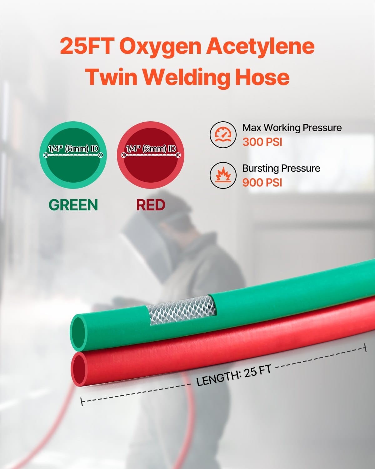 VEVOR Oxygen Acetylene Hose 1/4-Inch x 25FT 300PSI T-Grade Twin Torch Welding