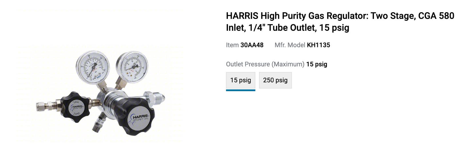 HARRIS High Purity Regulator, 2-Stage, CGA 580 Inlet, 1/4″ Tube Outlet, 15 PSI