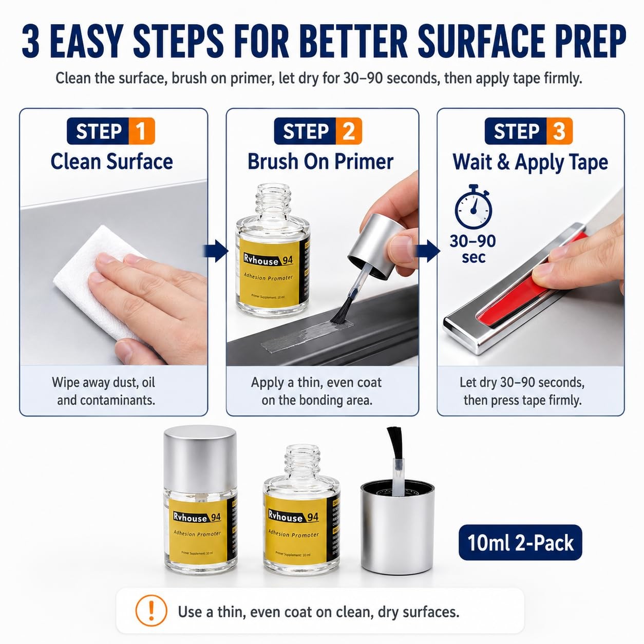 Adhesion Promoter, 10ml 2 Pack Tape Primer with Brush