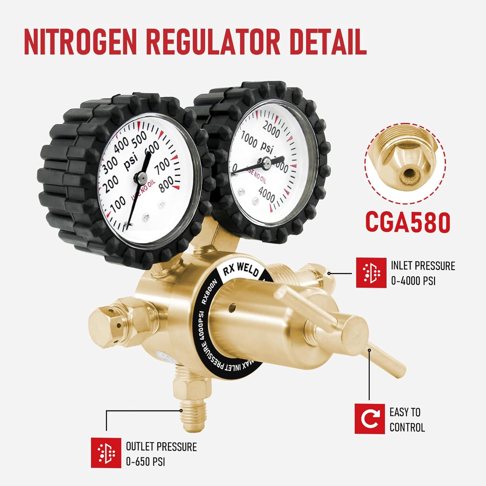 Nitrogen Regulator CGA580 Inlet 0-800 PSI 1/4 Inch Flare Outlet 5FT Hose