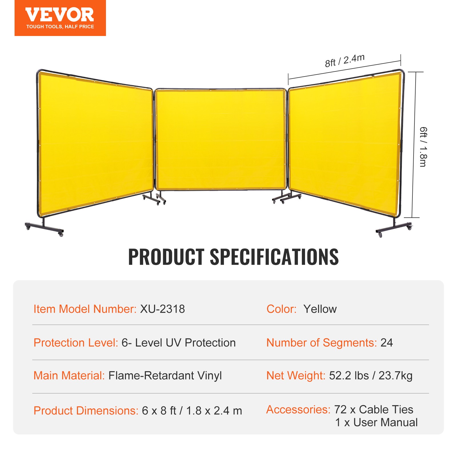 VEVOR Welding Screen with Frame 3 Panel 6′ x 8′ Welding Curtain Screen 12 Wheels