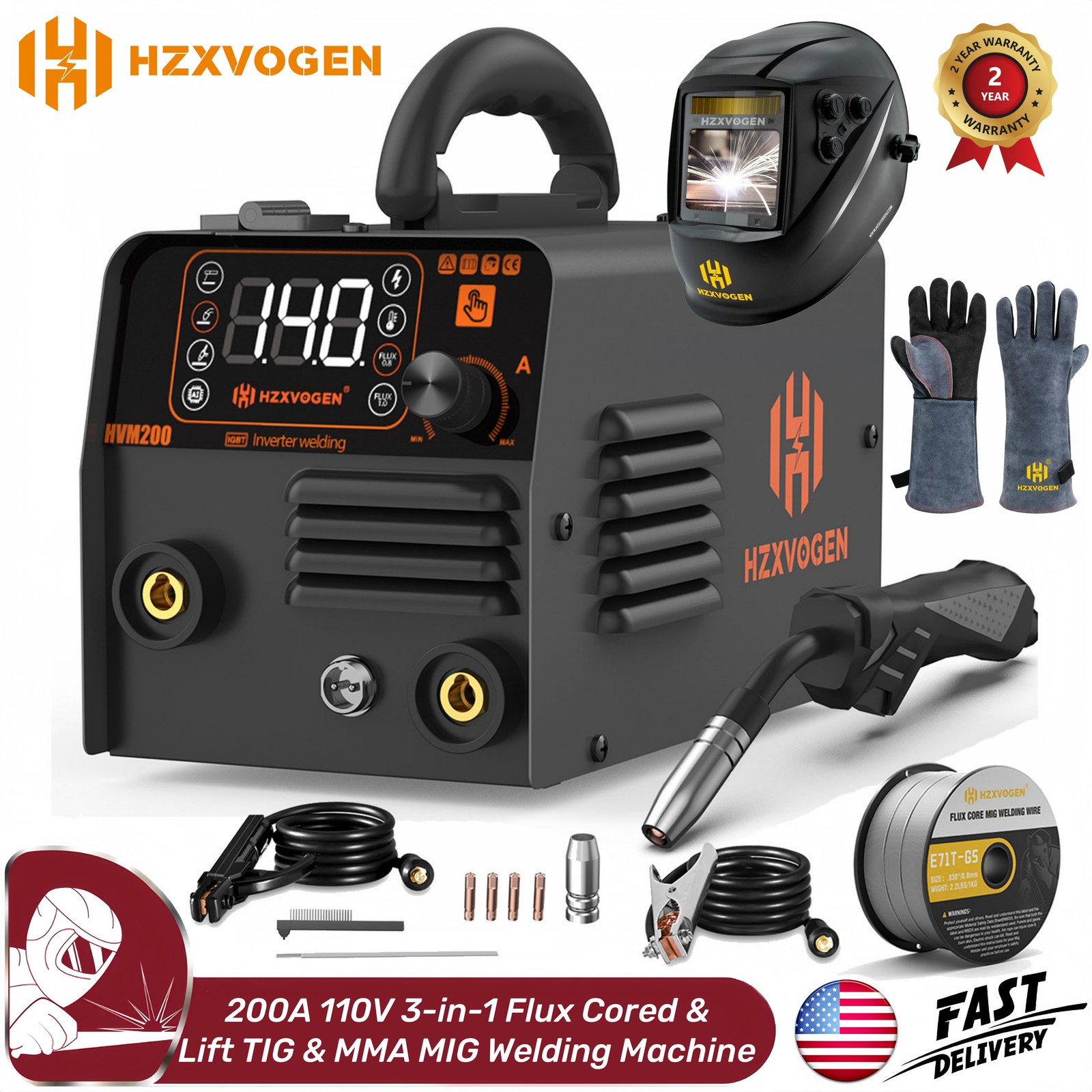 Flux Cored MIG Welder 200A 110V Hot Start MIG/TIG/MMA Welding Set For Beginner