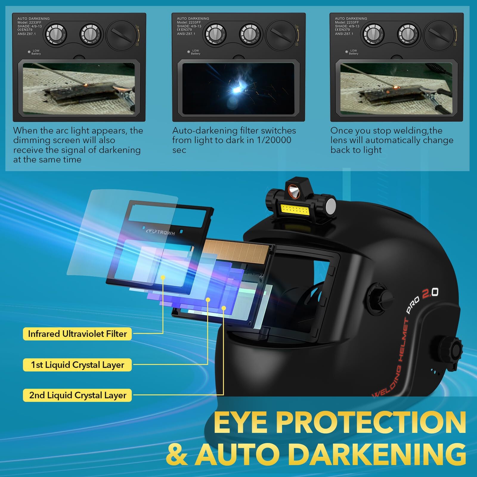 Welding Helmet with Light Auto Darkening, True Color, Shade 4/9-13 Solar Powered