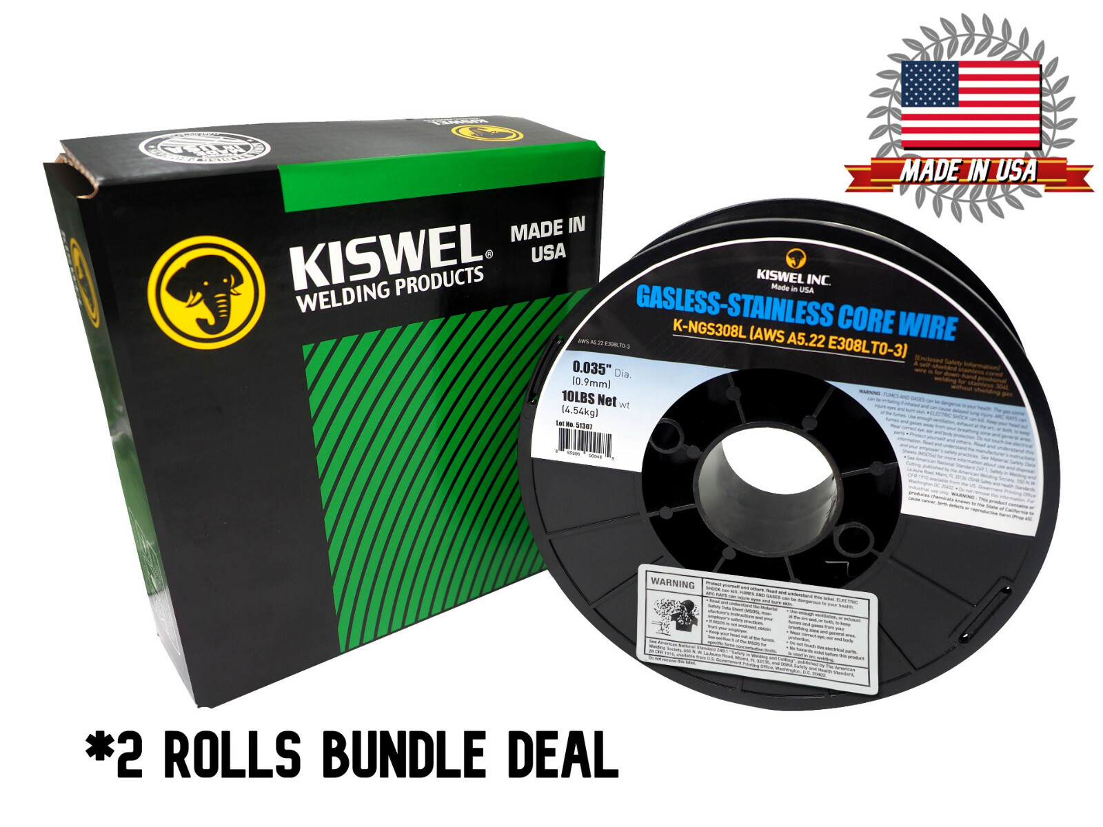 (Made In USA) E308LT0-3 .035 in.Dia 10lb. Gasless-Stainless Welding (2 Rolls)