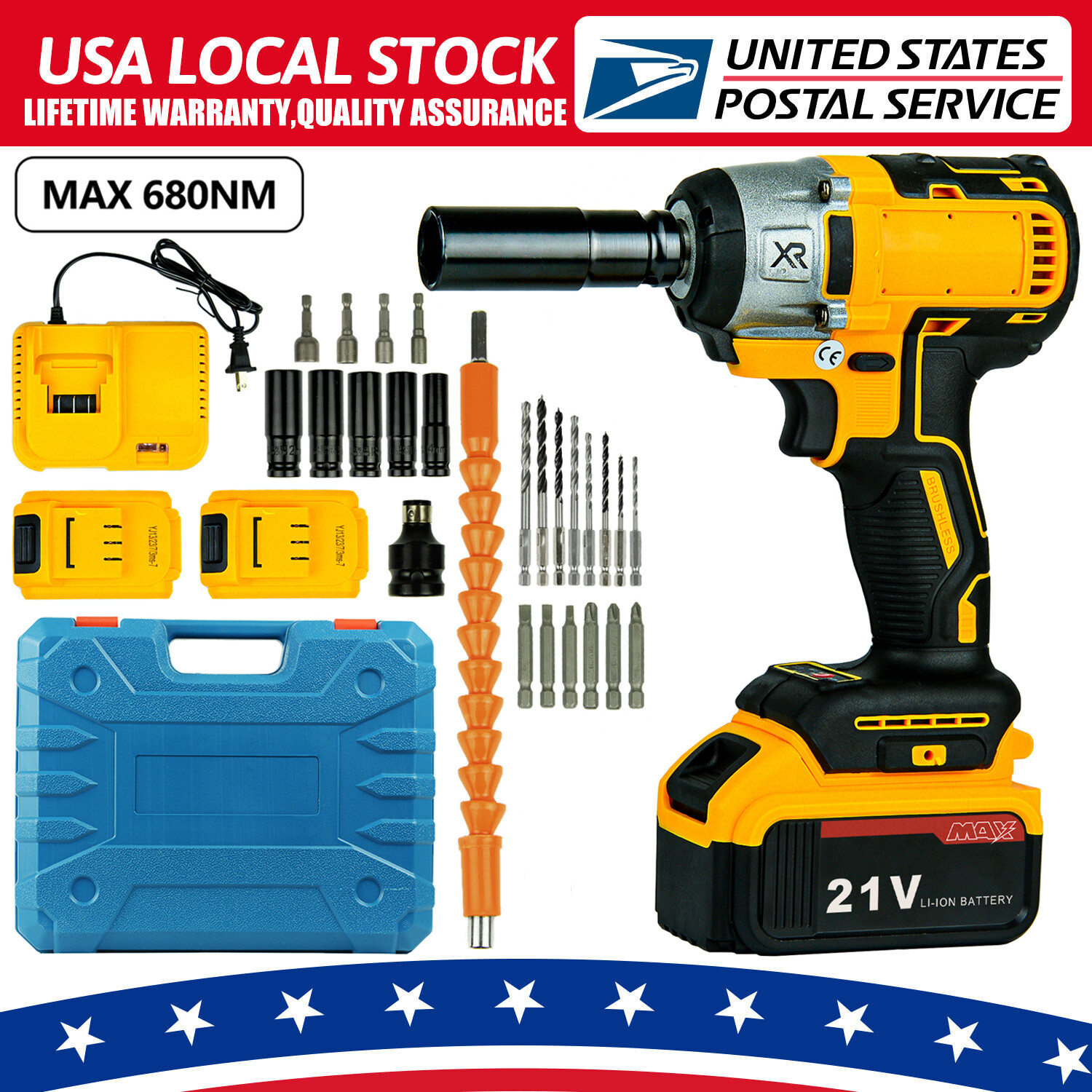 21V Cordless Impact Wrench Brushless 680Nm High Torque with Batteries & Charger