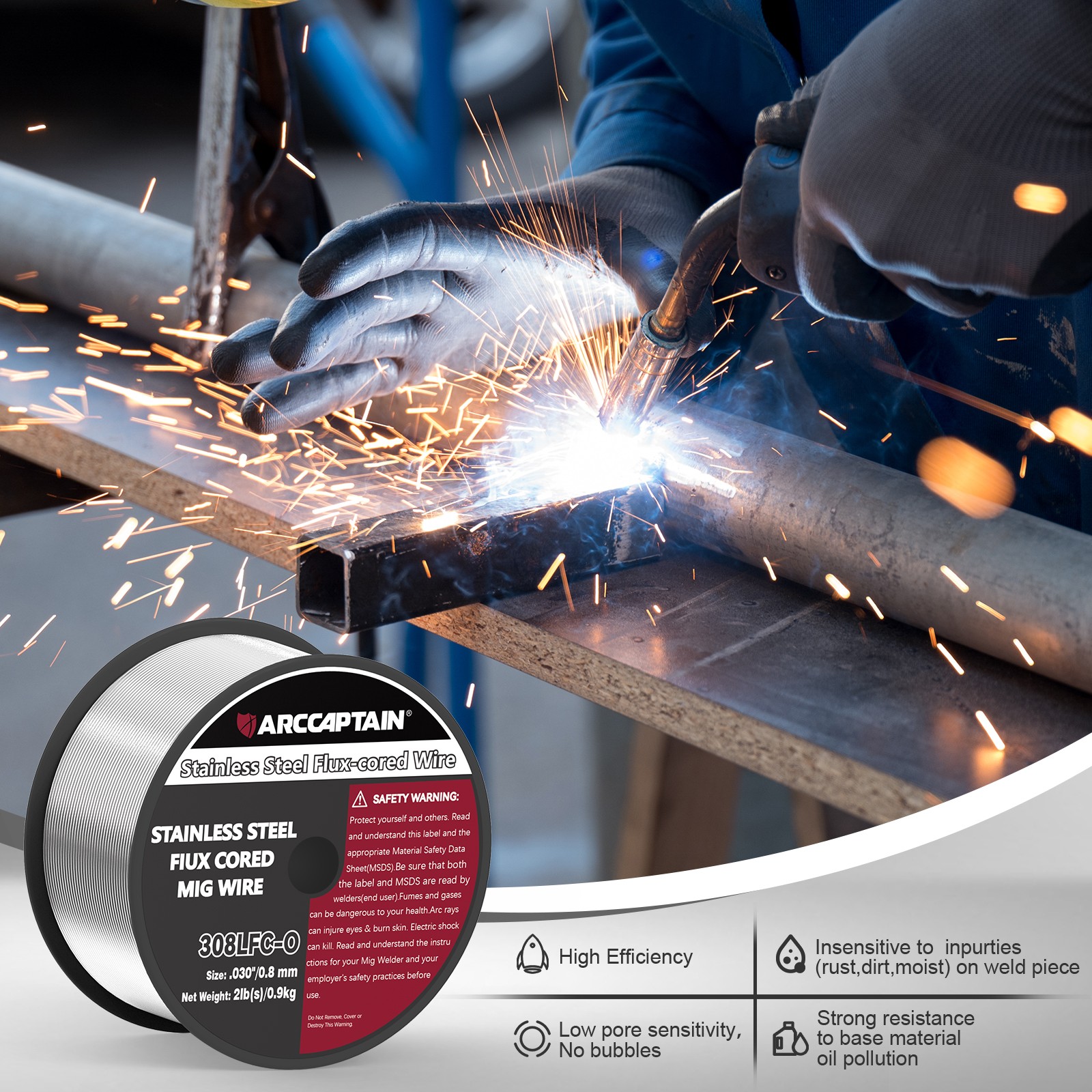 ARCCAPTAIN E308LFC-O .030″ Stainless Steel Gasless Flux Cored Welding Wire