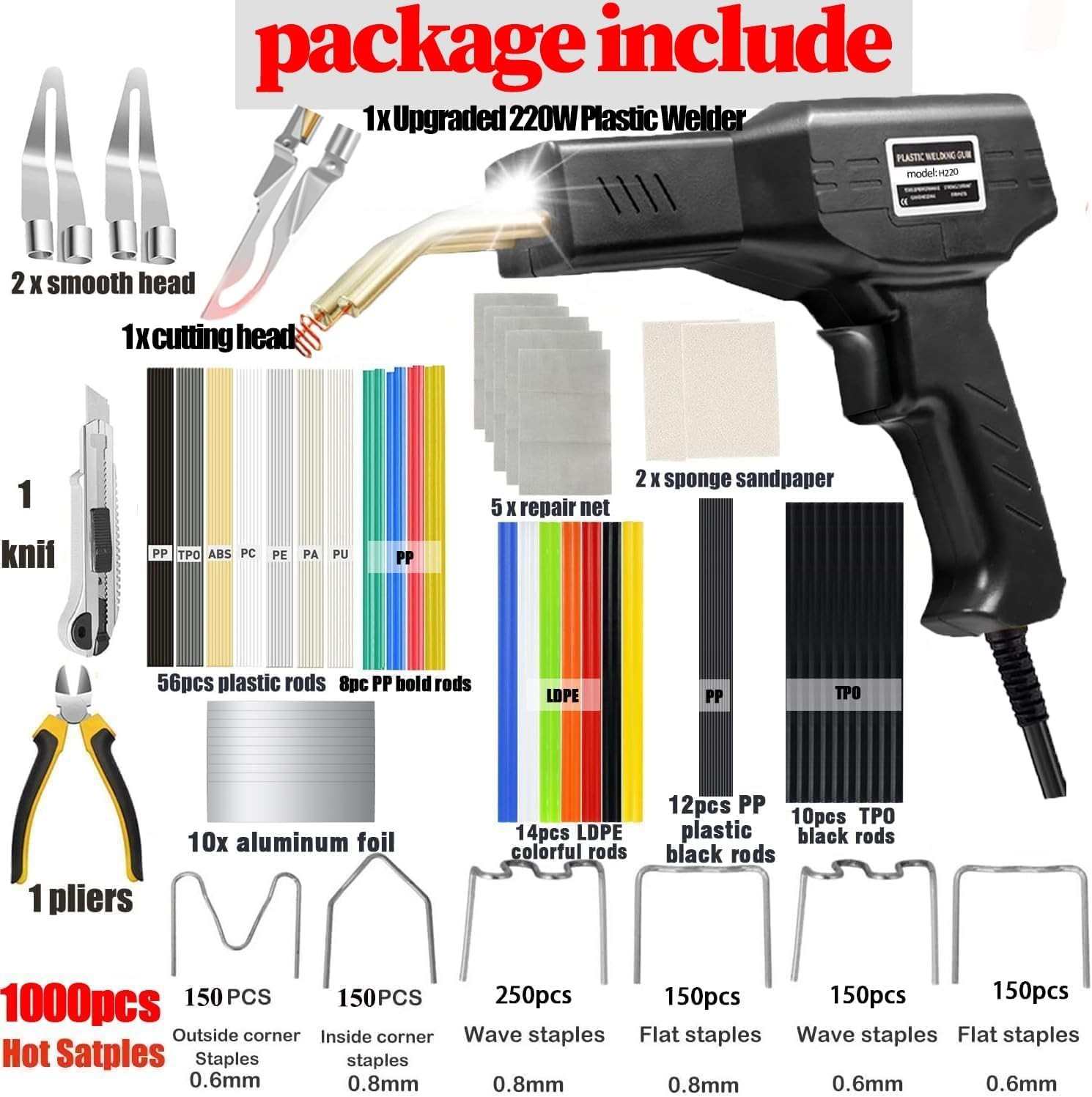 Multi-Purpose 220W Plastic Weld Repair Kit with Non-Slip Handle & Accessories