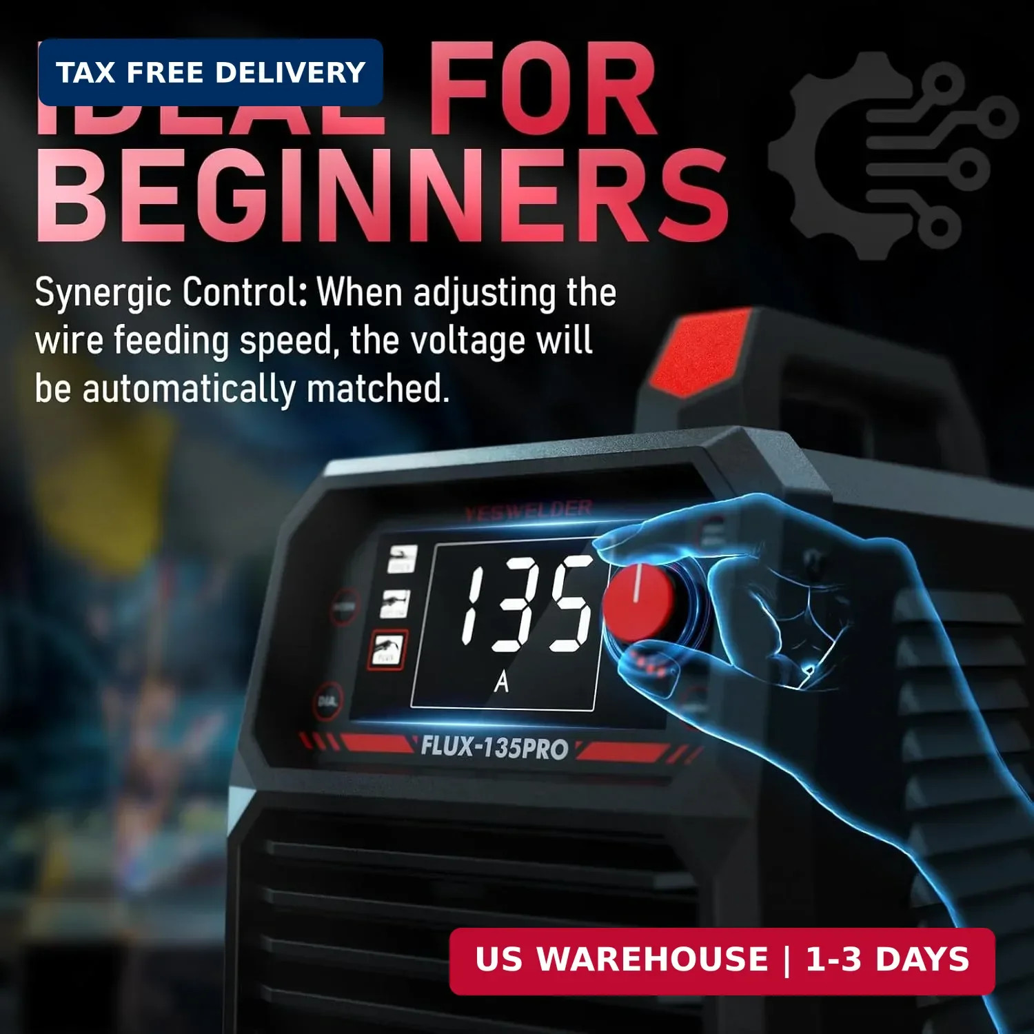 YESWELDER 135A MIG Welder, 110V Flux Core MIG/Lift TIG/Stick 3-in-1 Large LED Di