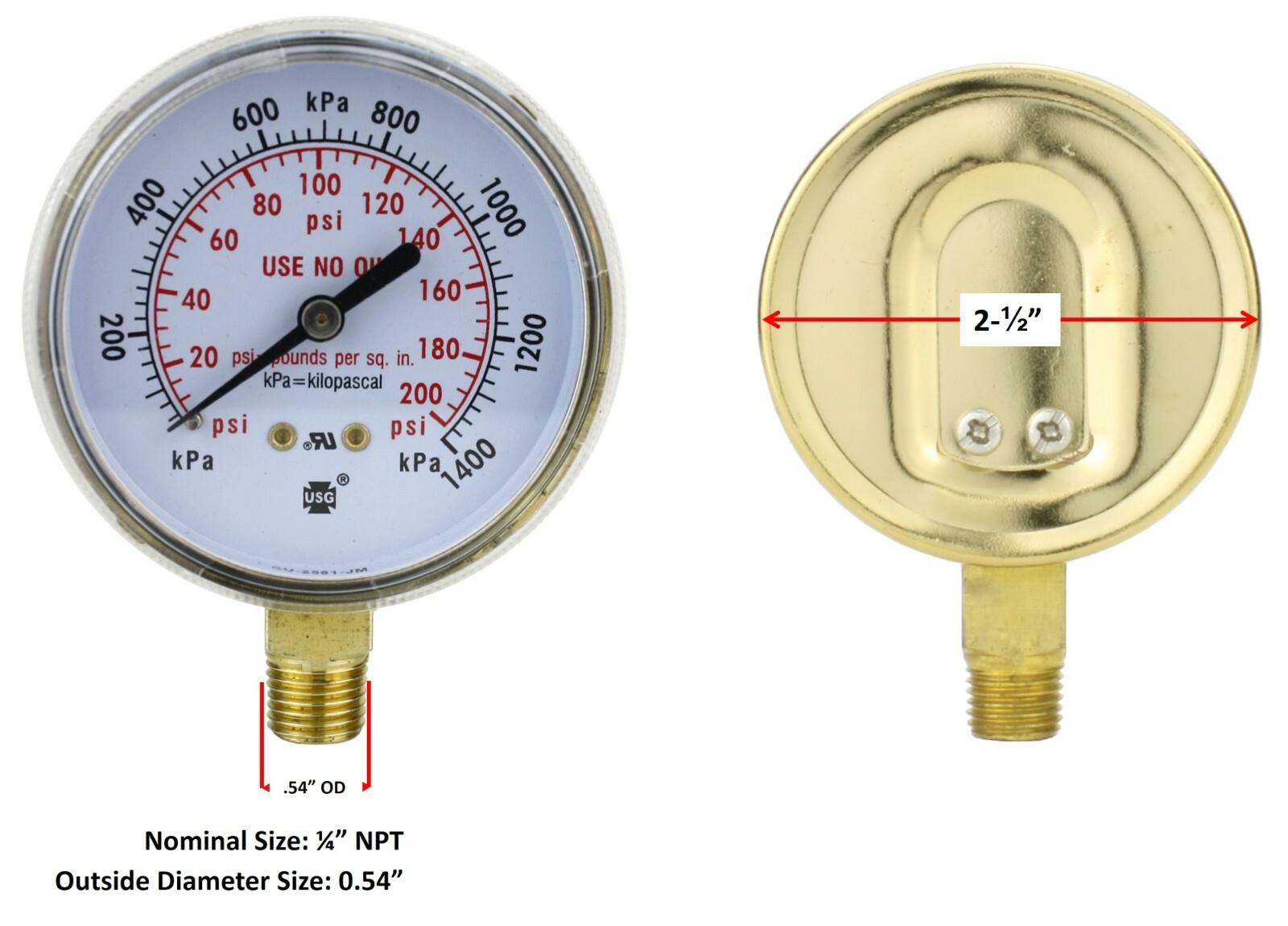 Gauges for Heavy-Duty Oxygen Regulators – 2.5 inches – Thread: 1/4″ NPT