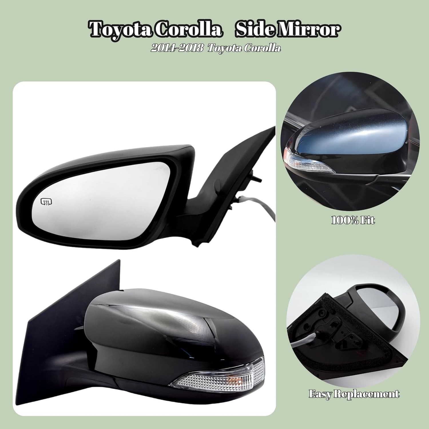 Left Driver Side Mirror Compatible with Toyota Corolla 2014-2018 with Power Glas