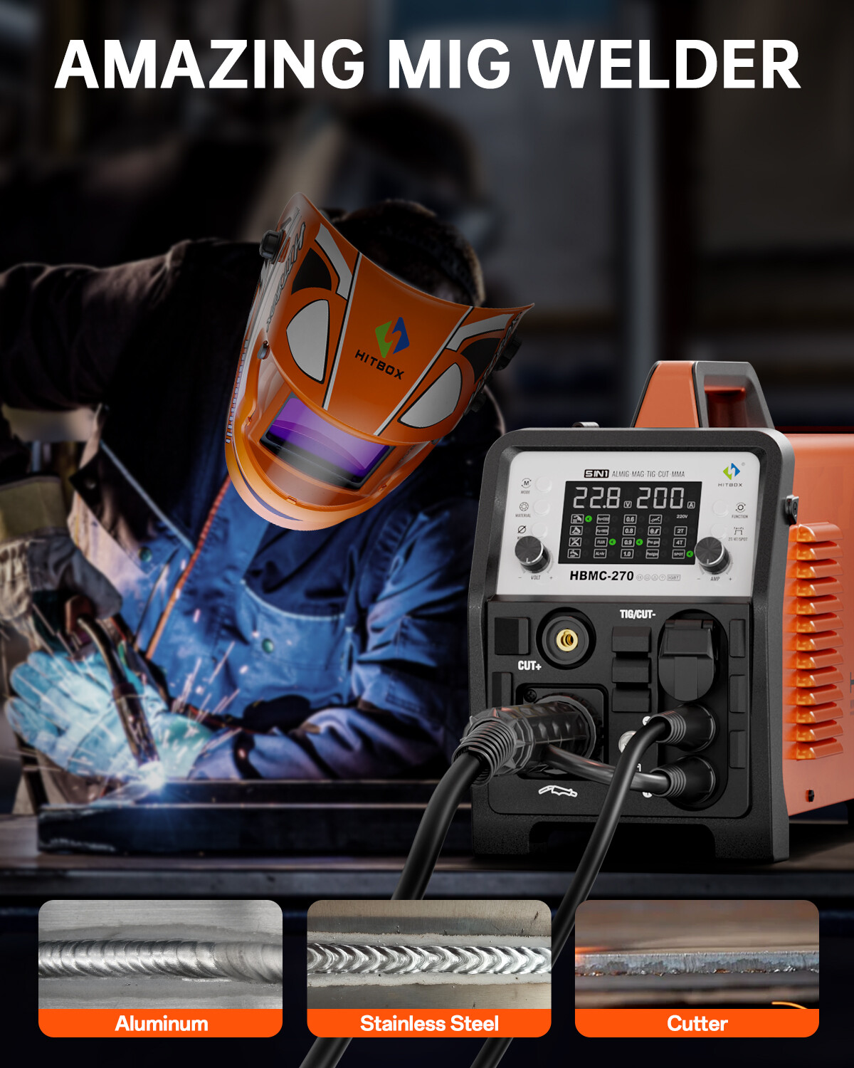 200Amp 6in1 Plasma Cutter Alu Welder HF-TIG Spot Gas Gasless-MIG Stick CUT 220V