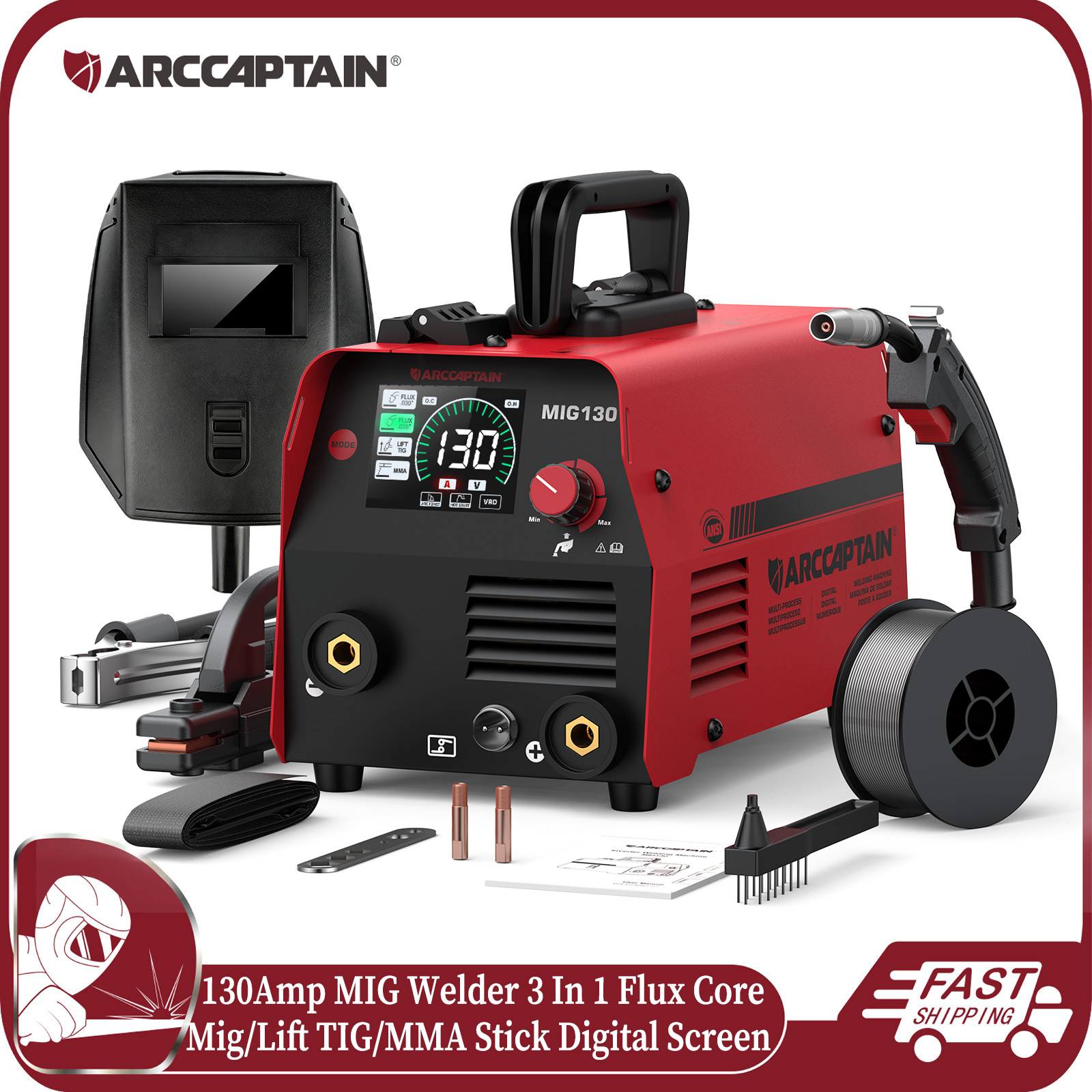 ARCCAPTAIN 130A MIG Welder 3 In 1 Flux Core MIG/Lift TIG/MMA Stick Portable 110V