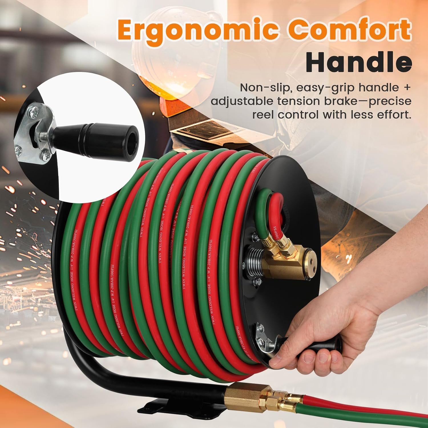 Manual Twin Welding Hose Reel Set, 1/4″ ID 100Ft Oxygen Acetylene Hose (Max 300