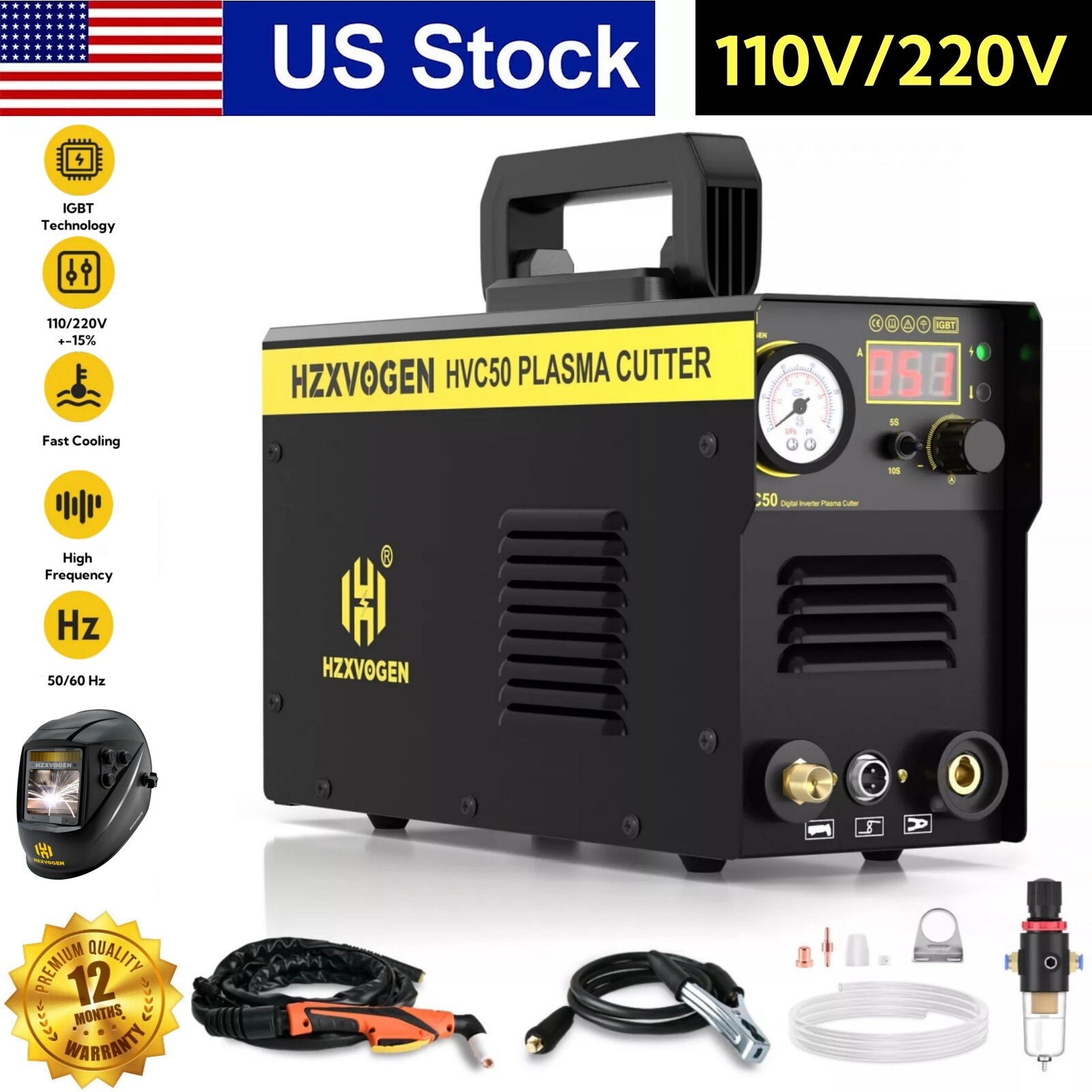 HVC50 Plasma Cutter 110V/220V HF Touch Pilot Arc Cutter Machine IGBT &Helmet 40A