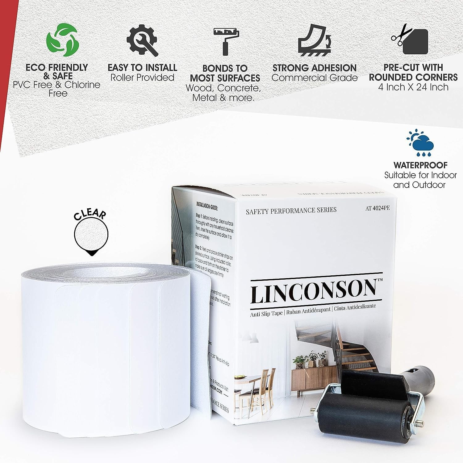 linconson | 6” x 24” | Clear Slip Resistant Stairs Tread Grip Tape (