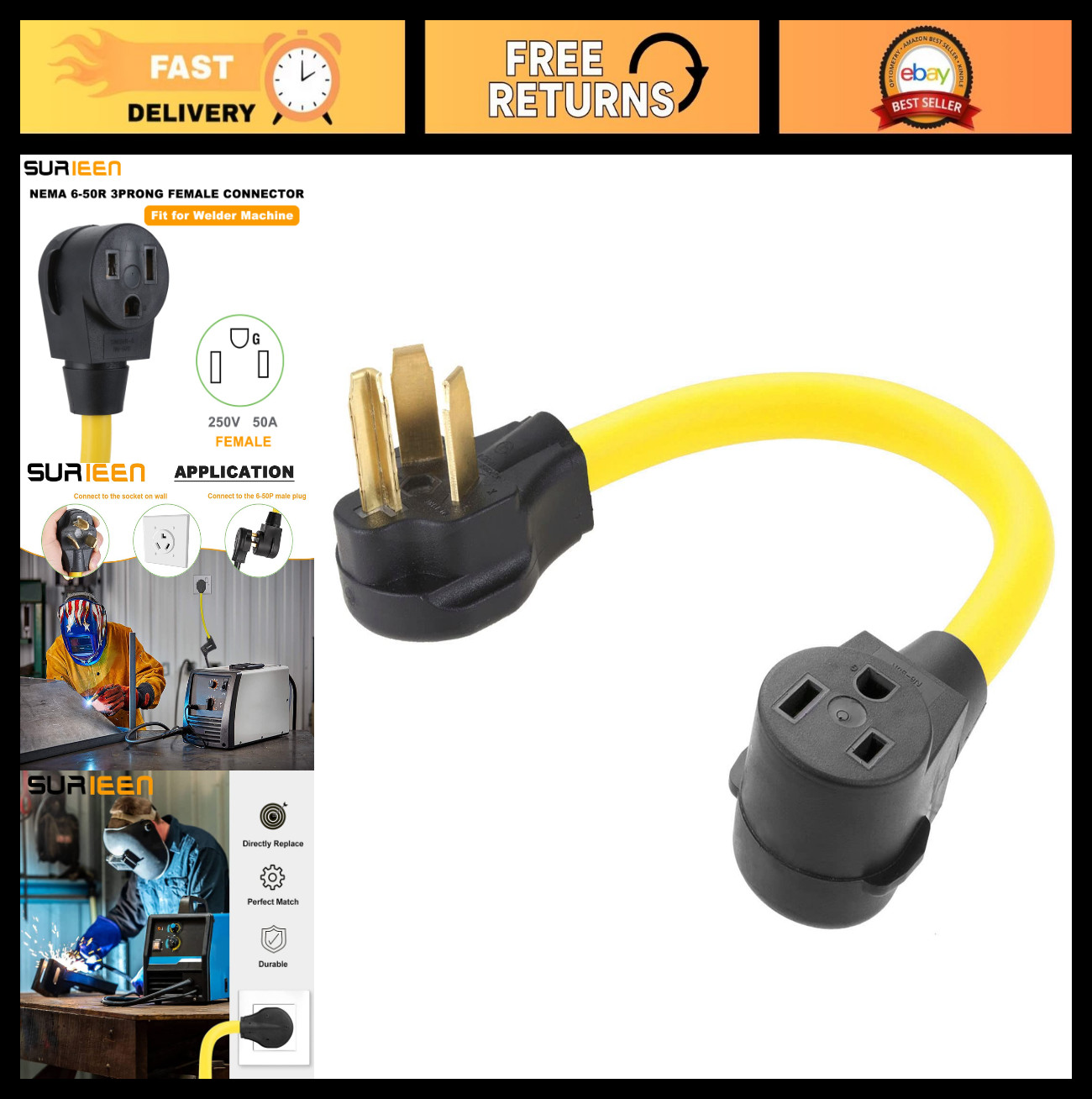 30 Amp to 50 Amp Welding Adapter Cord, 1.5FT STW 10AWG, 3 Prong Male to Female C