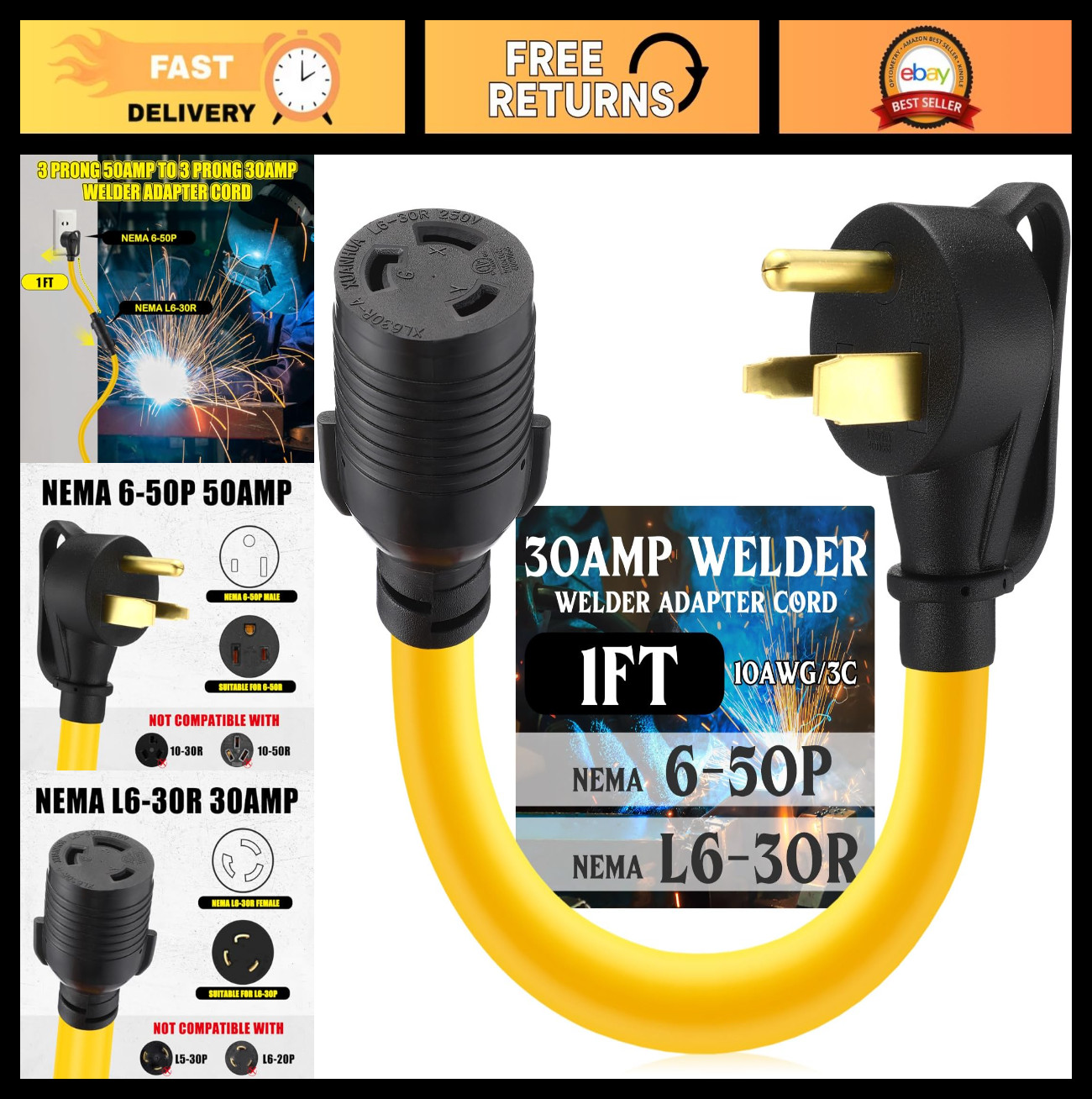 240V 30A Welder Adapter Cord, NEMA 6-50P to L6-30R, 3 Prong Plug for Generator,