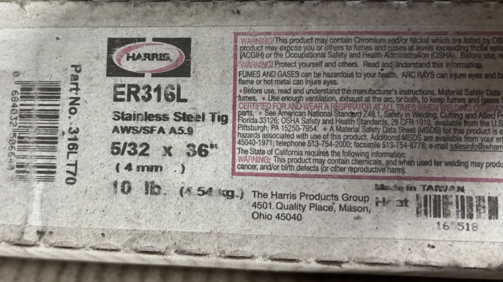 Harris ER316L X 5/32″ X 36″ X 10 lb box TIG rod Steel Welding Wire