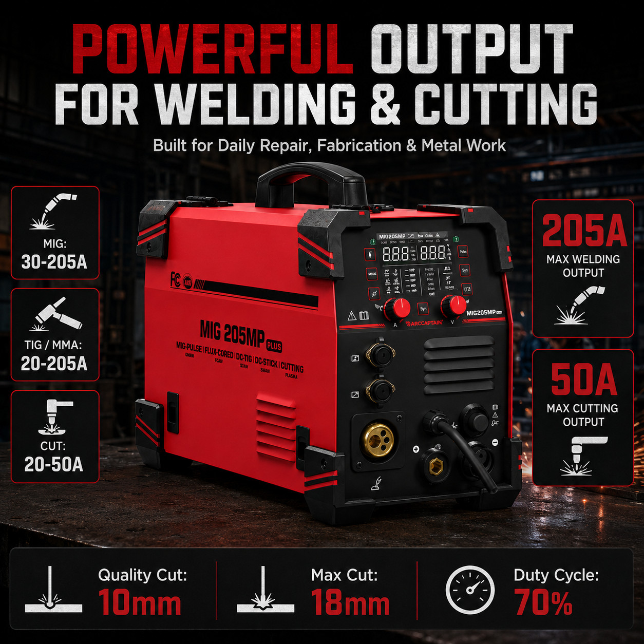 ARCCAPTAIN iControl 205A MIG Welder 9 IN 1 Plasma Cutter 120V/240V Dual Voltage