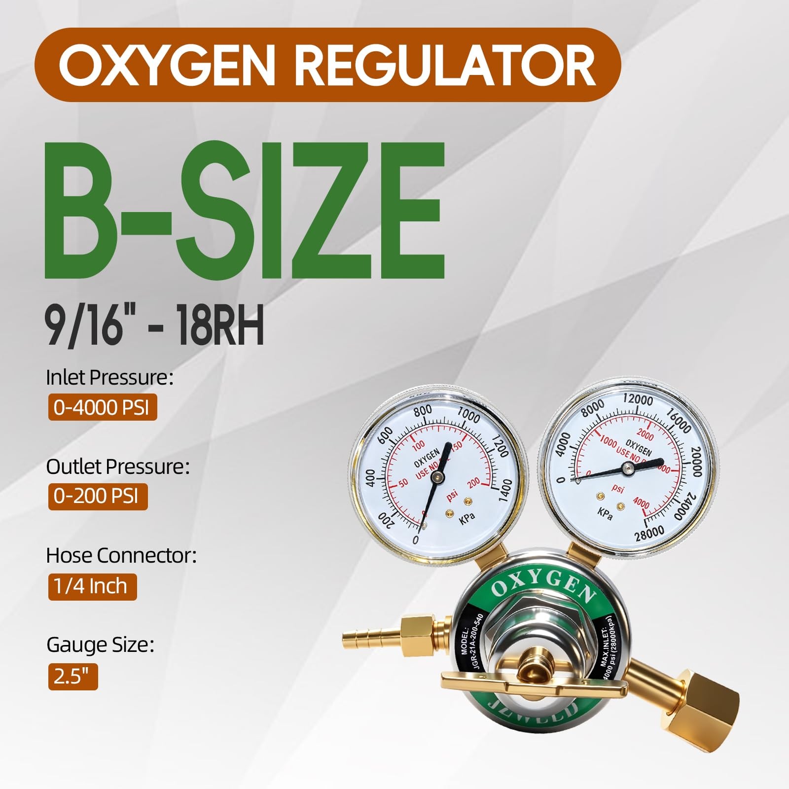 JZWELD Oxygen Regulator, CGA540 Inlet Connection