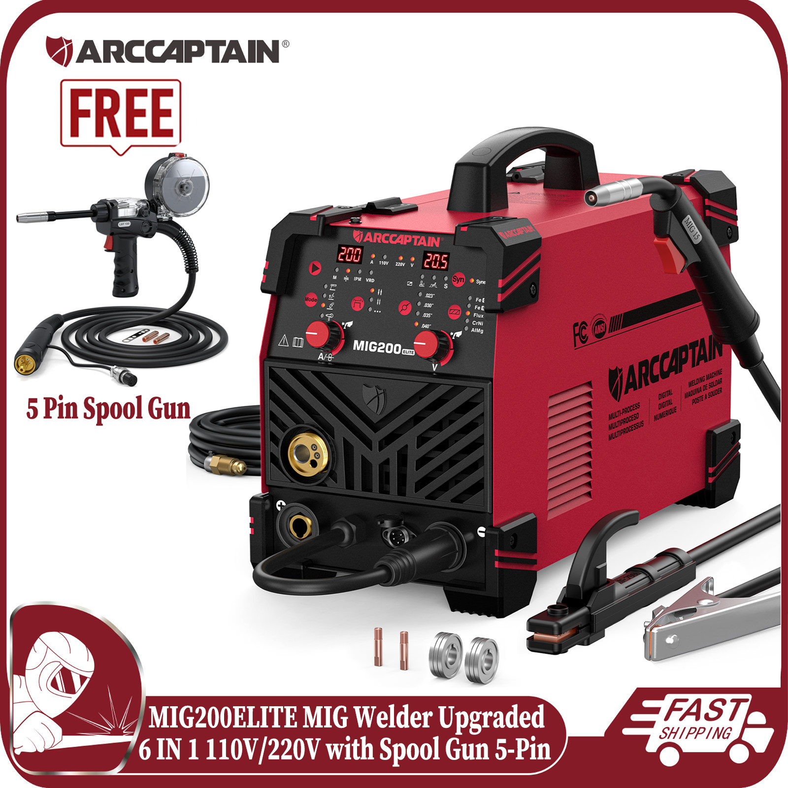 ARCCAPTAIN 200A MIG Welder 6 IN 1 Flux Core MIG/Gas MIG/Lift TIG/Stick 110V/220V