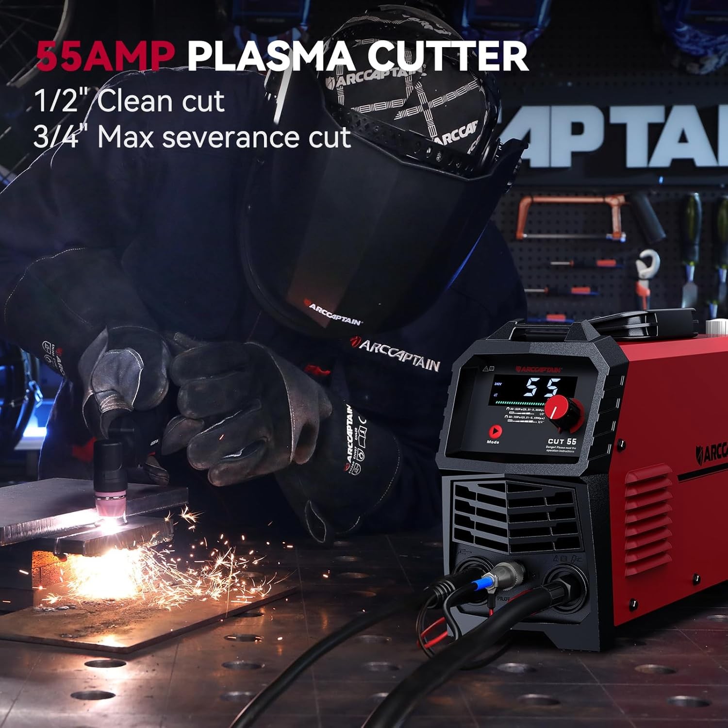 55A Plasma Cutter, Large LED Display, Non-Touch Pilot ARC Plasma Cutting Machine