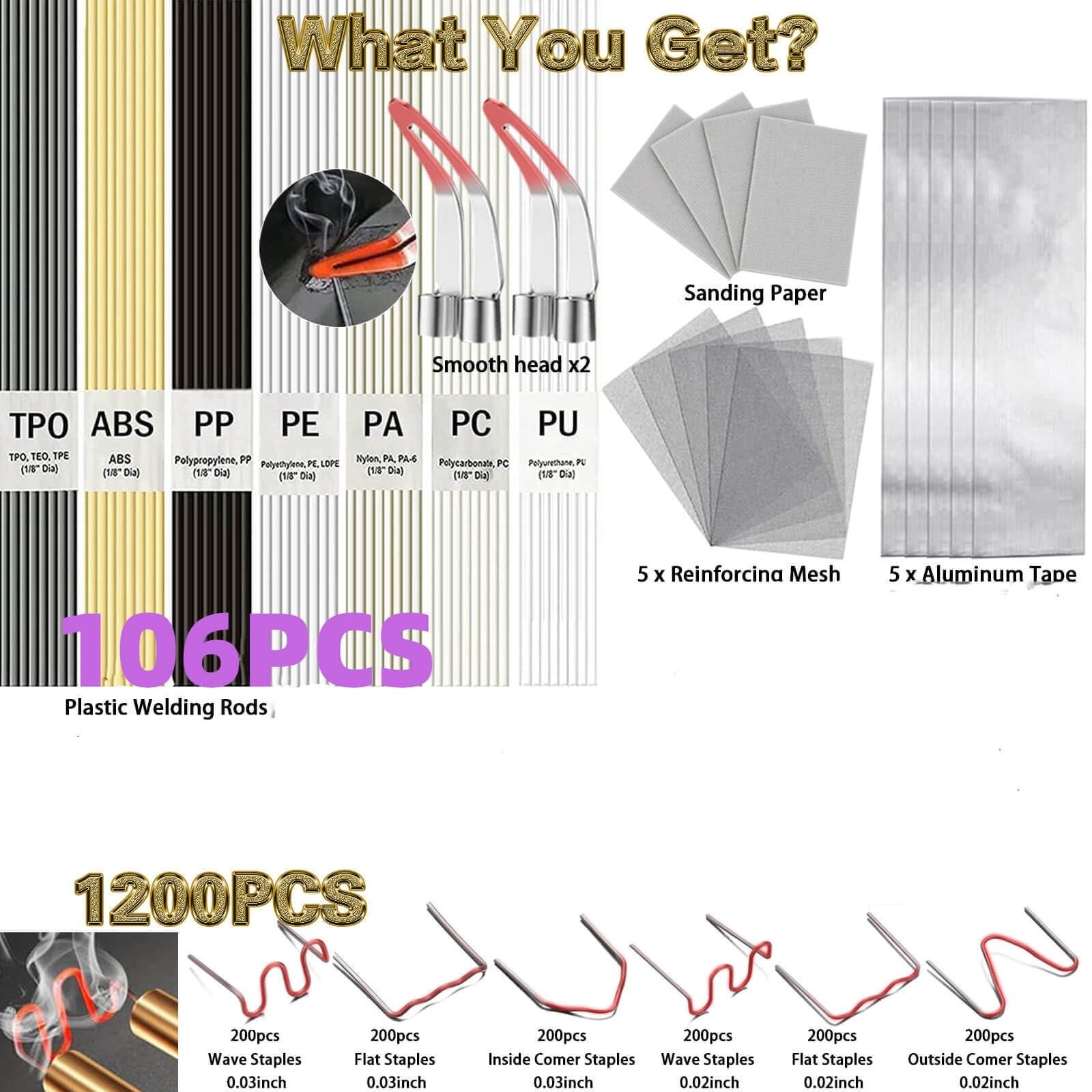 1322PCS Plastic Welding Kit – 106PCS Welding Rods, 1200PCS Welder Staples, 2P…