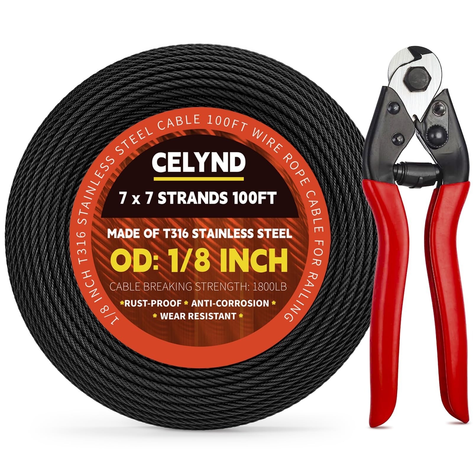 CELYND 500FT 1/8″ Black Stainless Steel Cable for Railing with Cutter