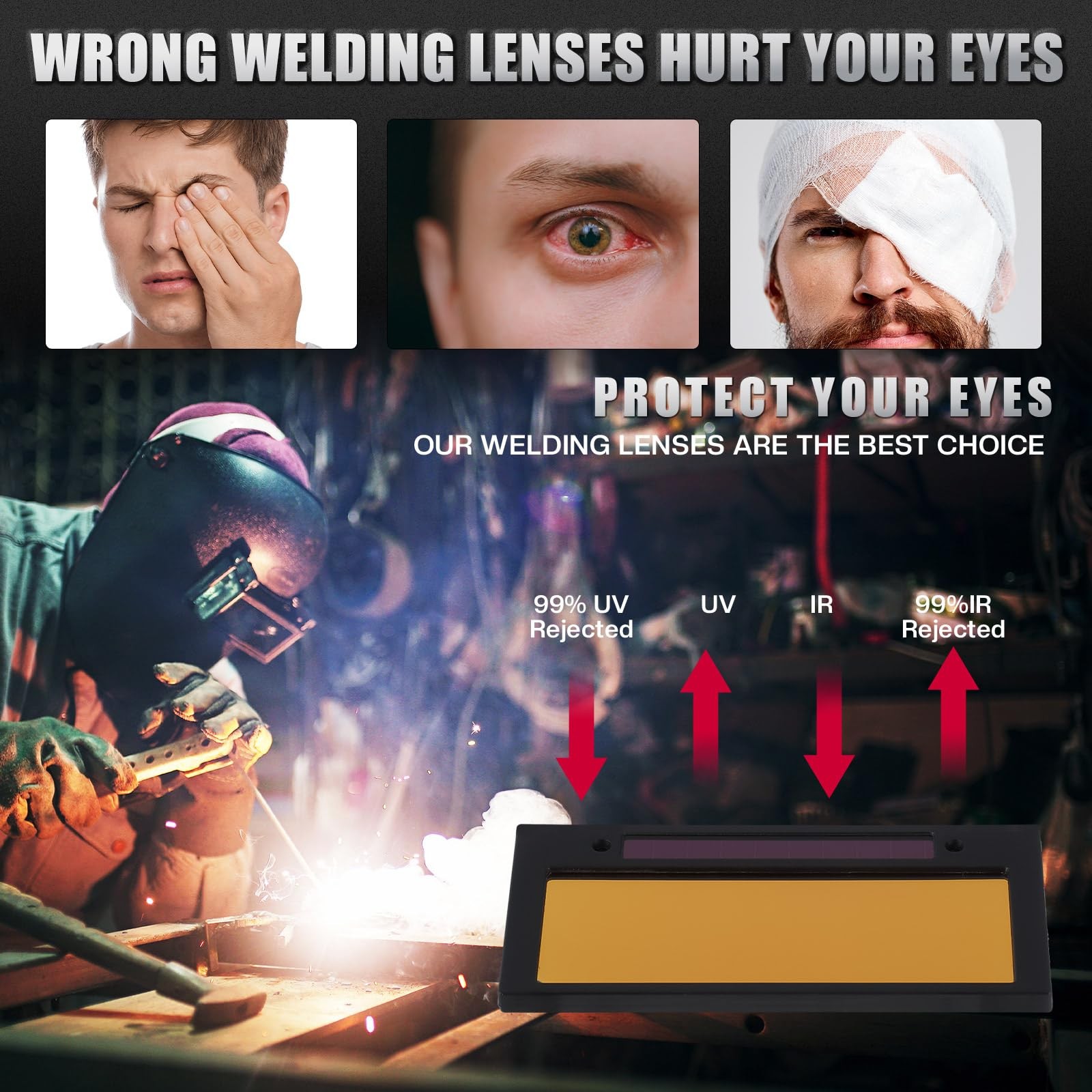 (Shade 10) 3 Set 2″ x 4 1/4″ Gold Auto Darkening Welding Lens 2×4 1/4, Solar …