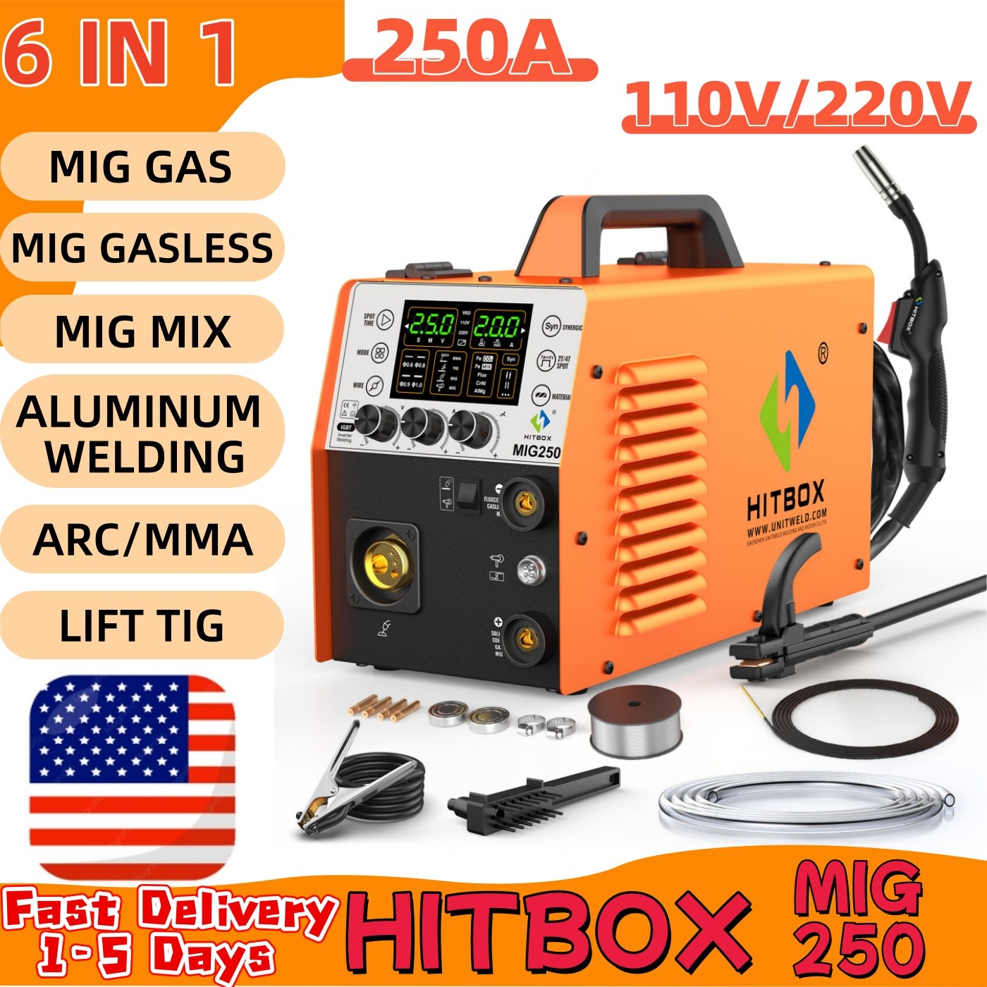 250A Aluminium MIG Welder 4in1 MMA MIG TIG Gas/Gasless MIG Welding Machine US