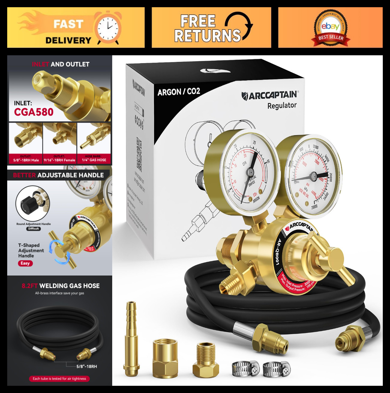 Inert Gas Welding Regulator with 8.2FT Hose, 0-4000 PSI, MIG/TIG Compatible