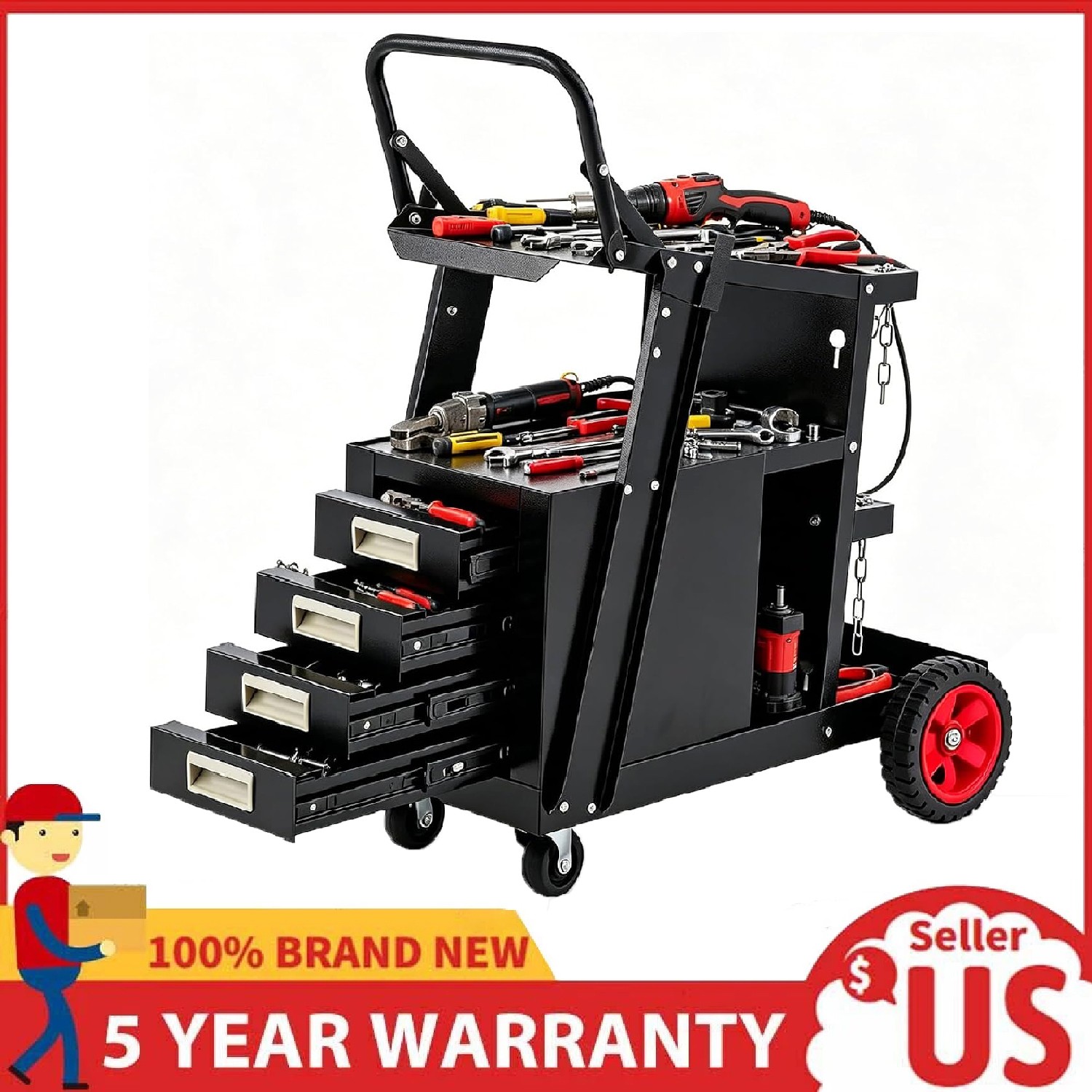 3-Tier Welding Cart with 4 Drawers, Heavy Duty Welder Cart Rolling Utility Cart