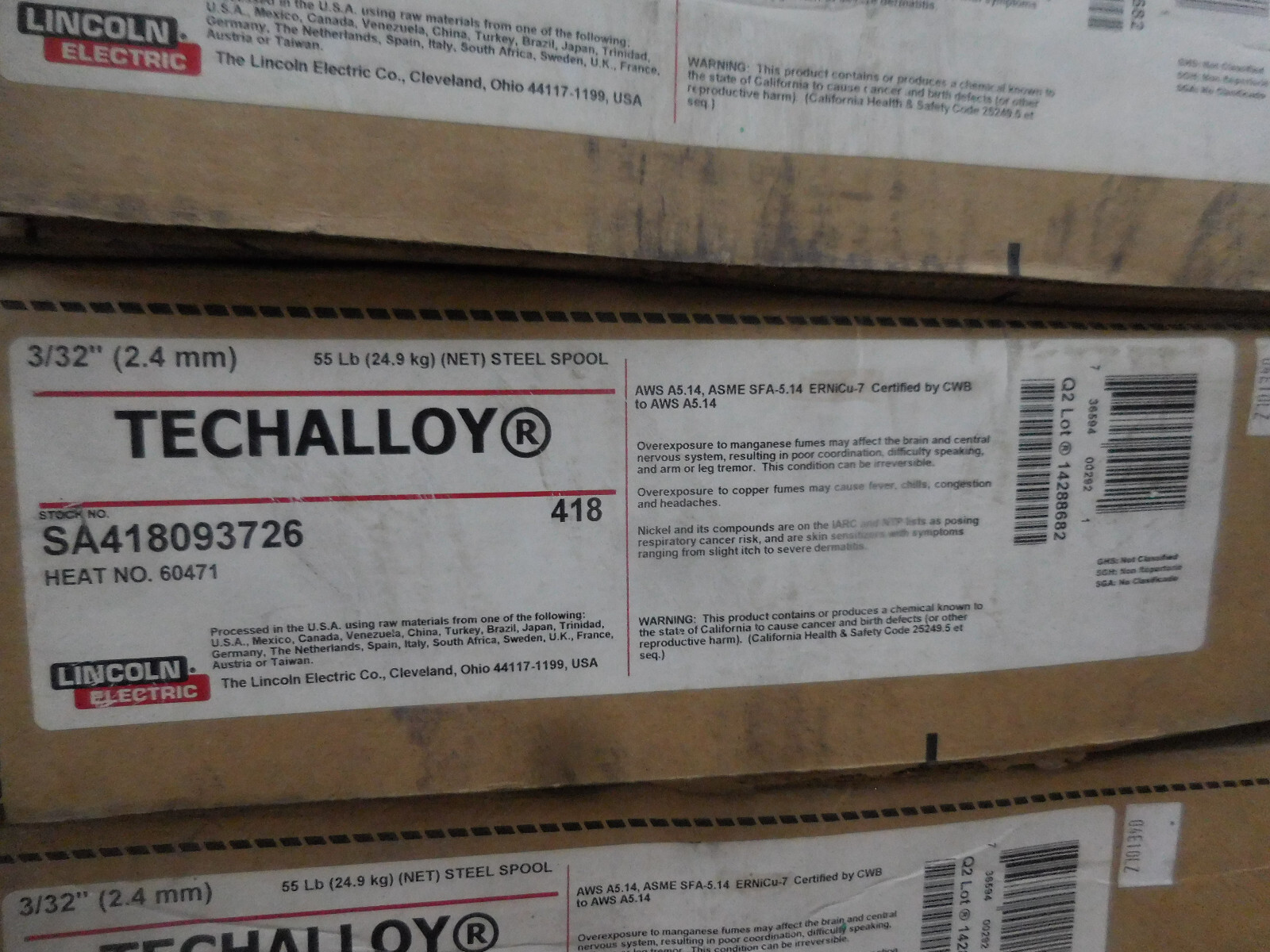 Lincoln Techalloy 418 Welding Wire 55 Pounds ERNiCu-7 3/32″(monel nickle/copper)