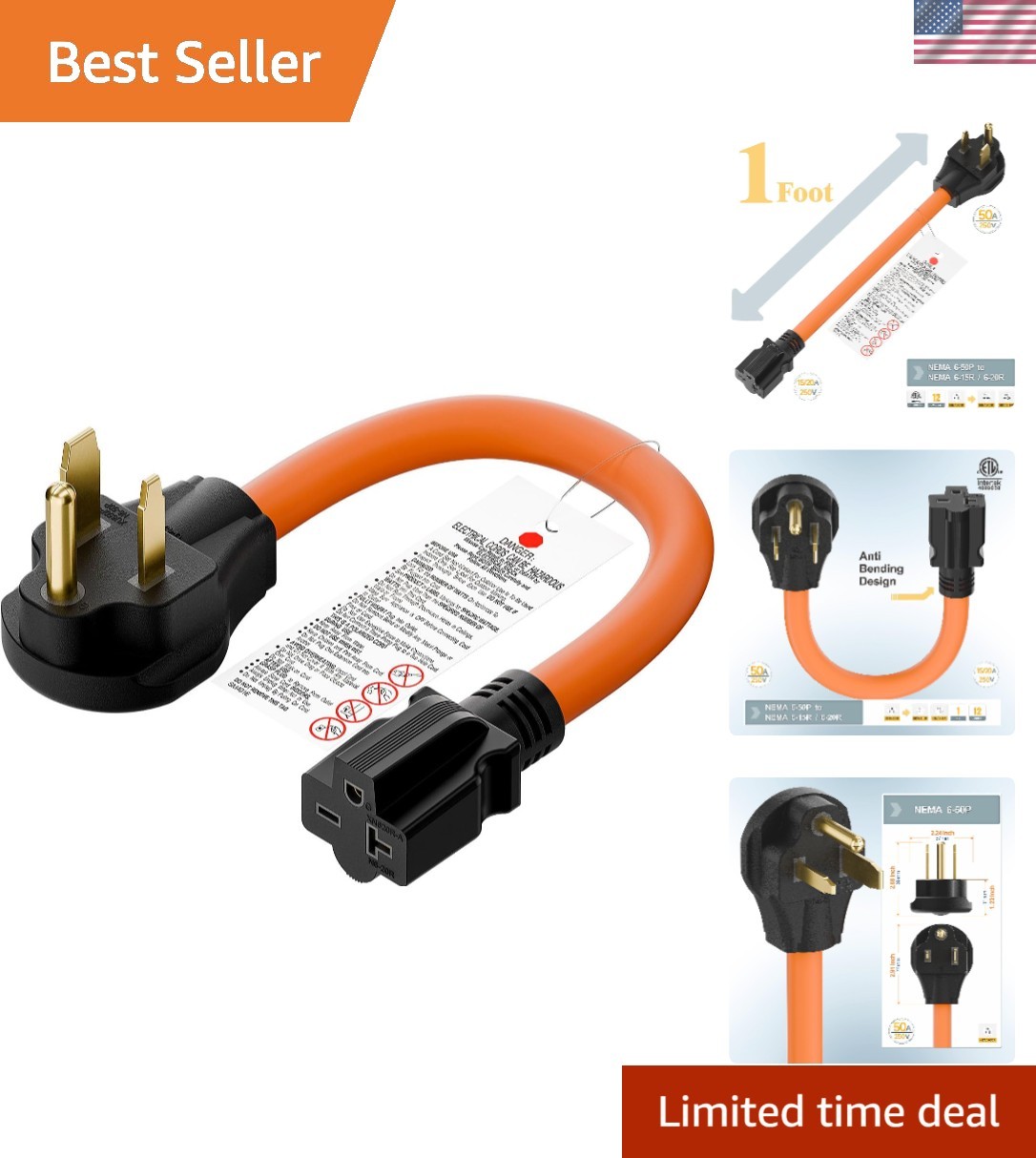 Compact 1.5FT Nema 6-50P to Nema 6-20R Adapter Cord for Efficient Charging