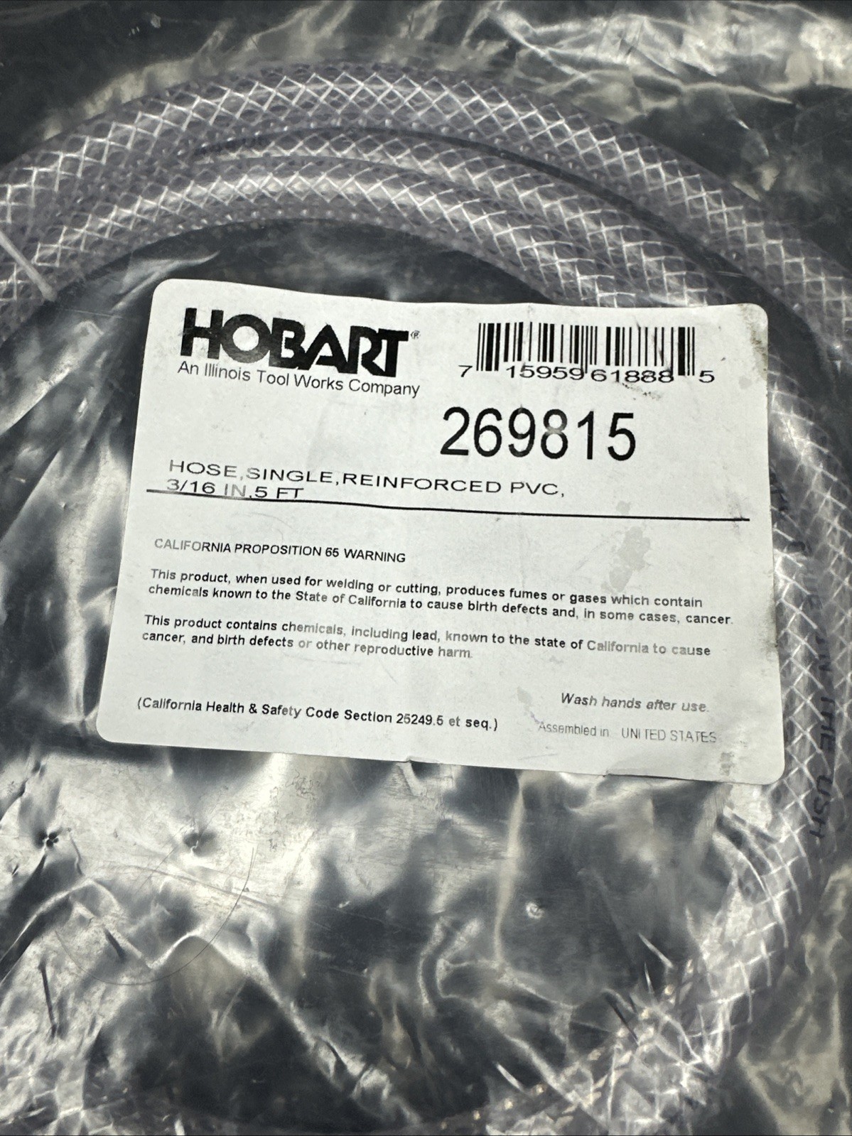 Hobart 269815 Hose Gas Reinforced PVC 3/16 In 5 FT