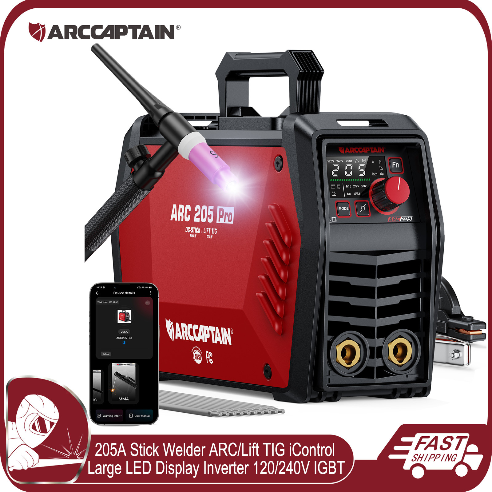 ARCCAPTAIN iControl 205A Stick Welder 2in1 ARC/Lift TIG MMA 120/240V with Torch