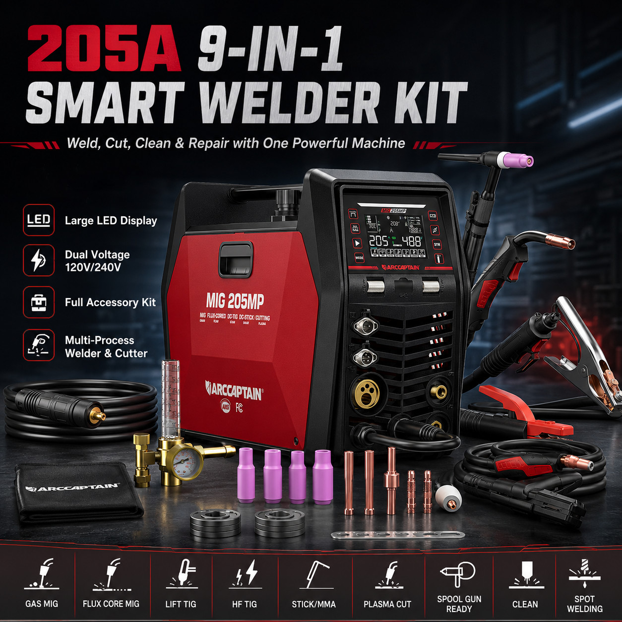 ARCCAPTAIN MIG205MP MIG Welder 9 IN 1 iControl APP Control 120/240V Dual Voltage