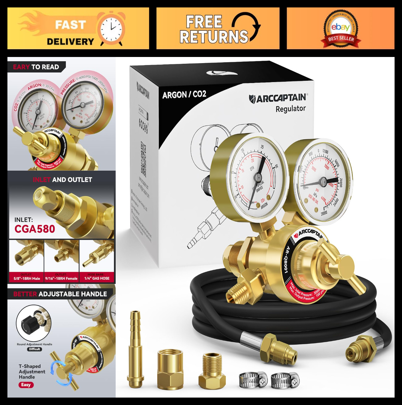Inert Gas Welding Regulator with 8.2FT Hose, 0-4000 PSI, MIG/TIG Compatible