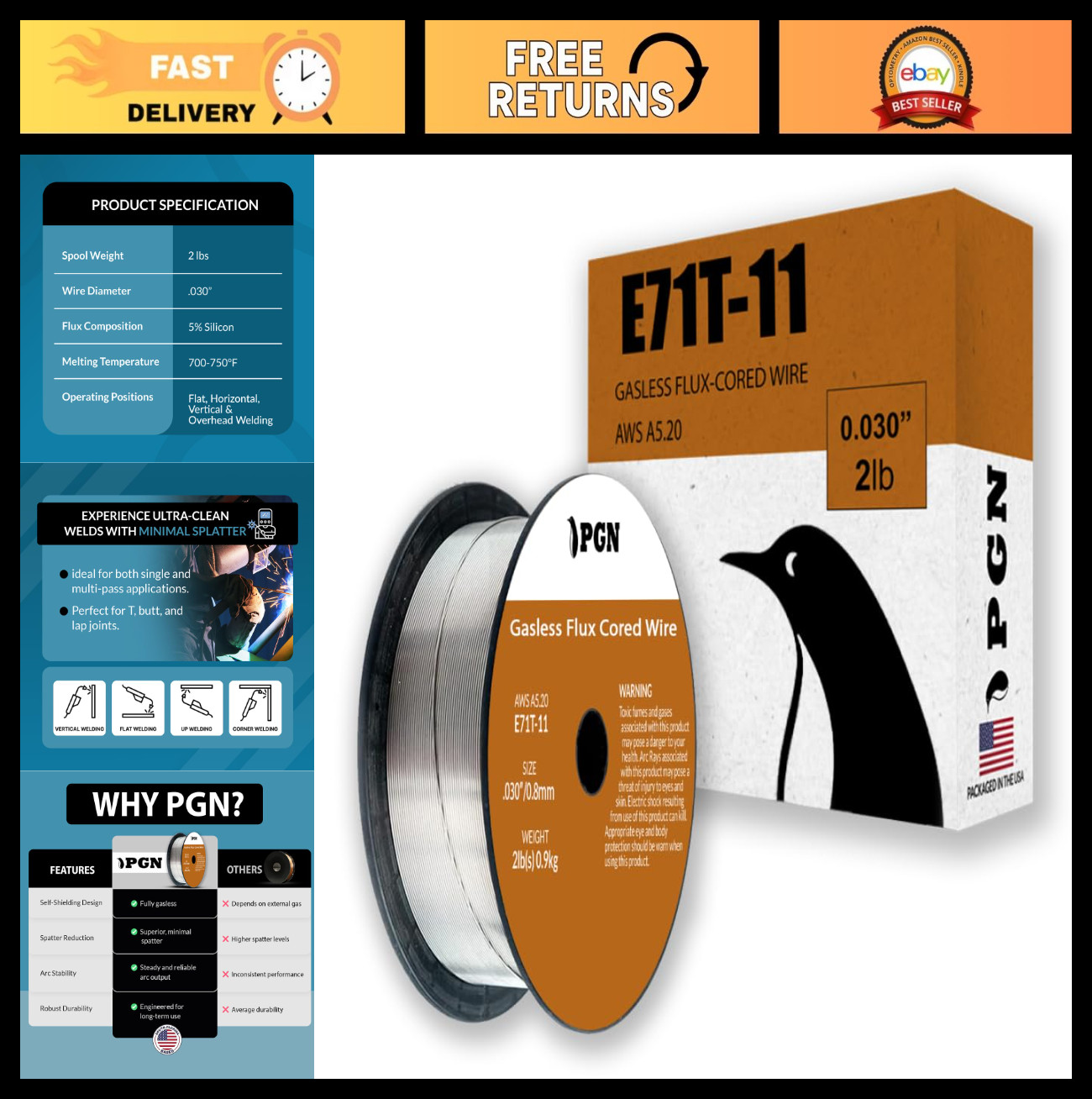 Gasless MIG Welding Wire .030″ E71T-11 2lb Spool – Low Splatter Mild Steel Flux