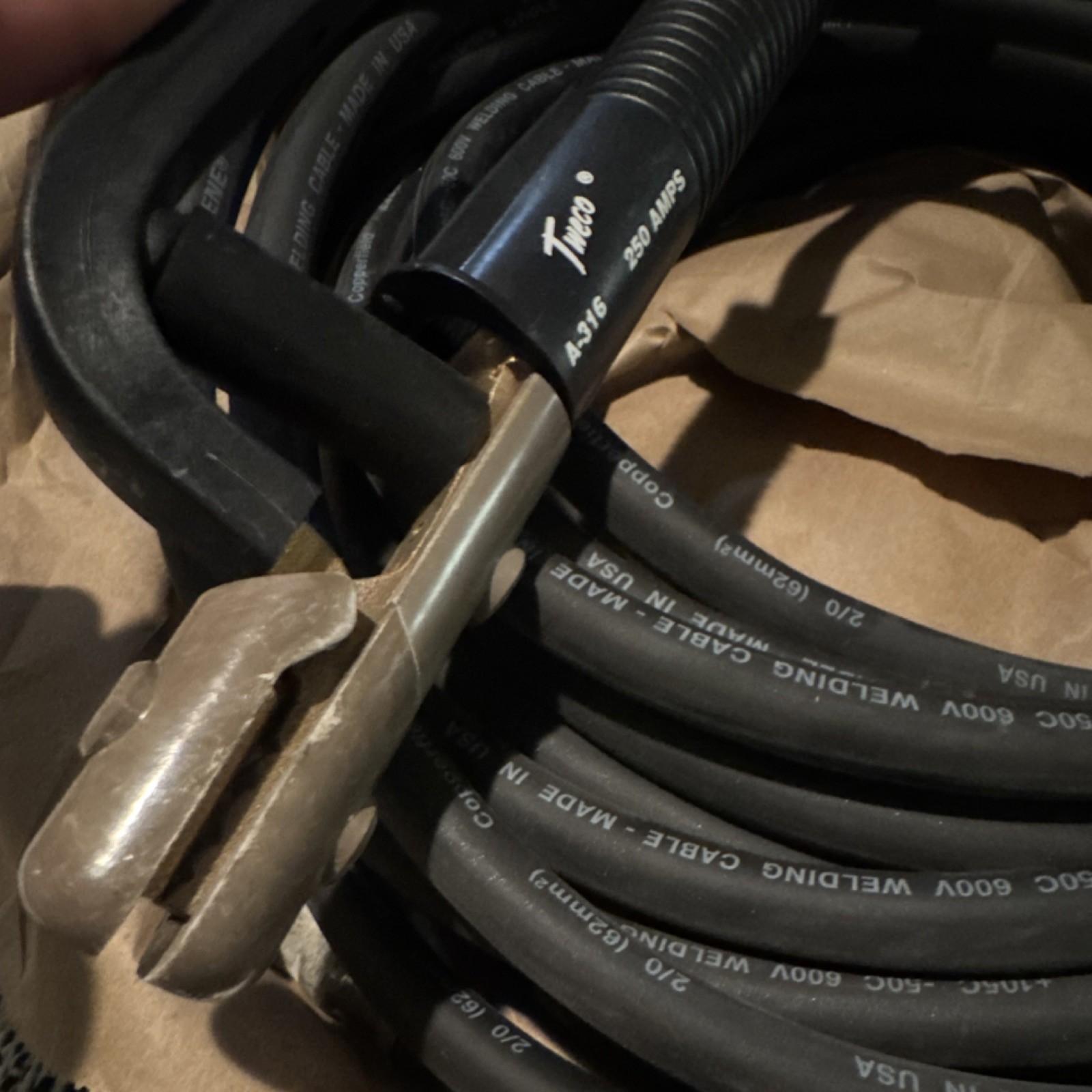 Tweco A-316 250A Electrode Holder w. 50’ Excelene 2/0 600v welding cable.