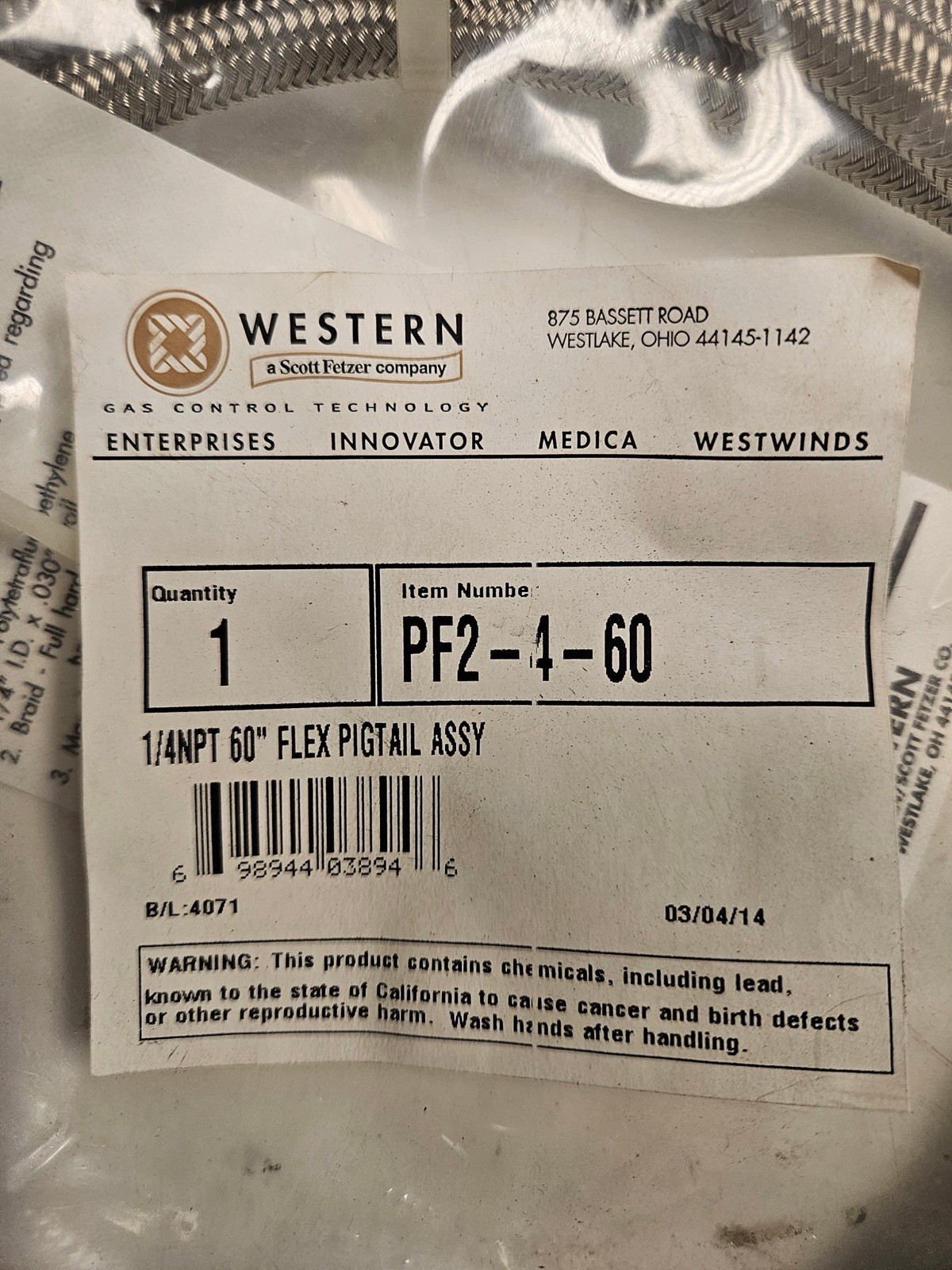 Western 1/4 NPT Female Flexible Pigtail Hose 60 In PF2-4-60 Swagelok