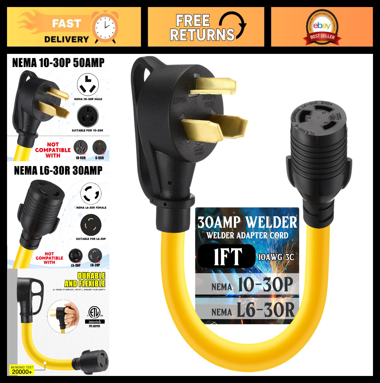30 Amp Welder Adapter Cord NEMA 10-30P to L6-30R, 1FT 3 Prong Power Plug, ETL Li