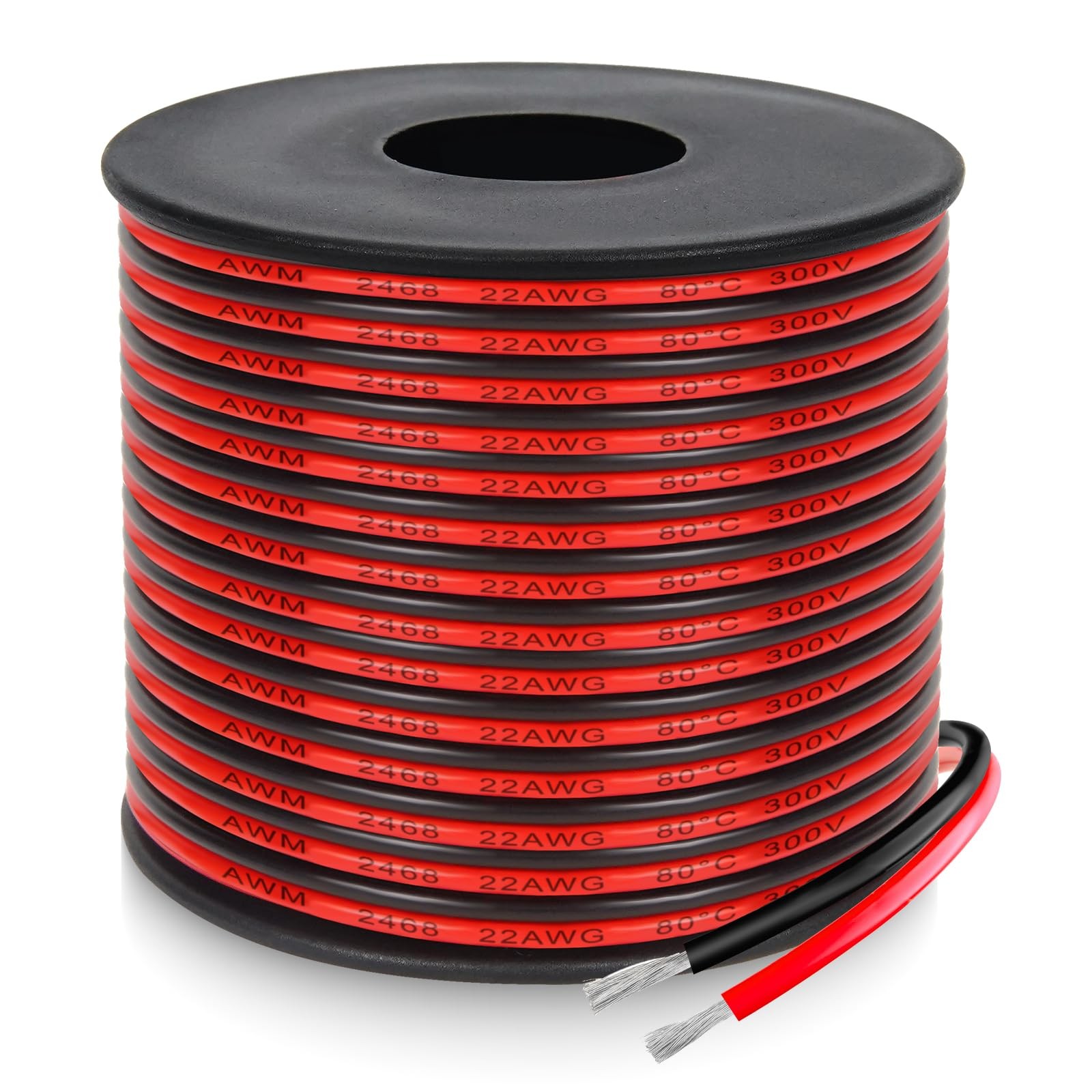 22 Gauge 2 Conductor PVC Tinned Copper Electrical Wire, Red and Black