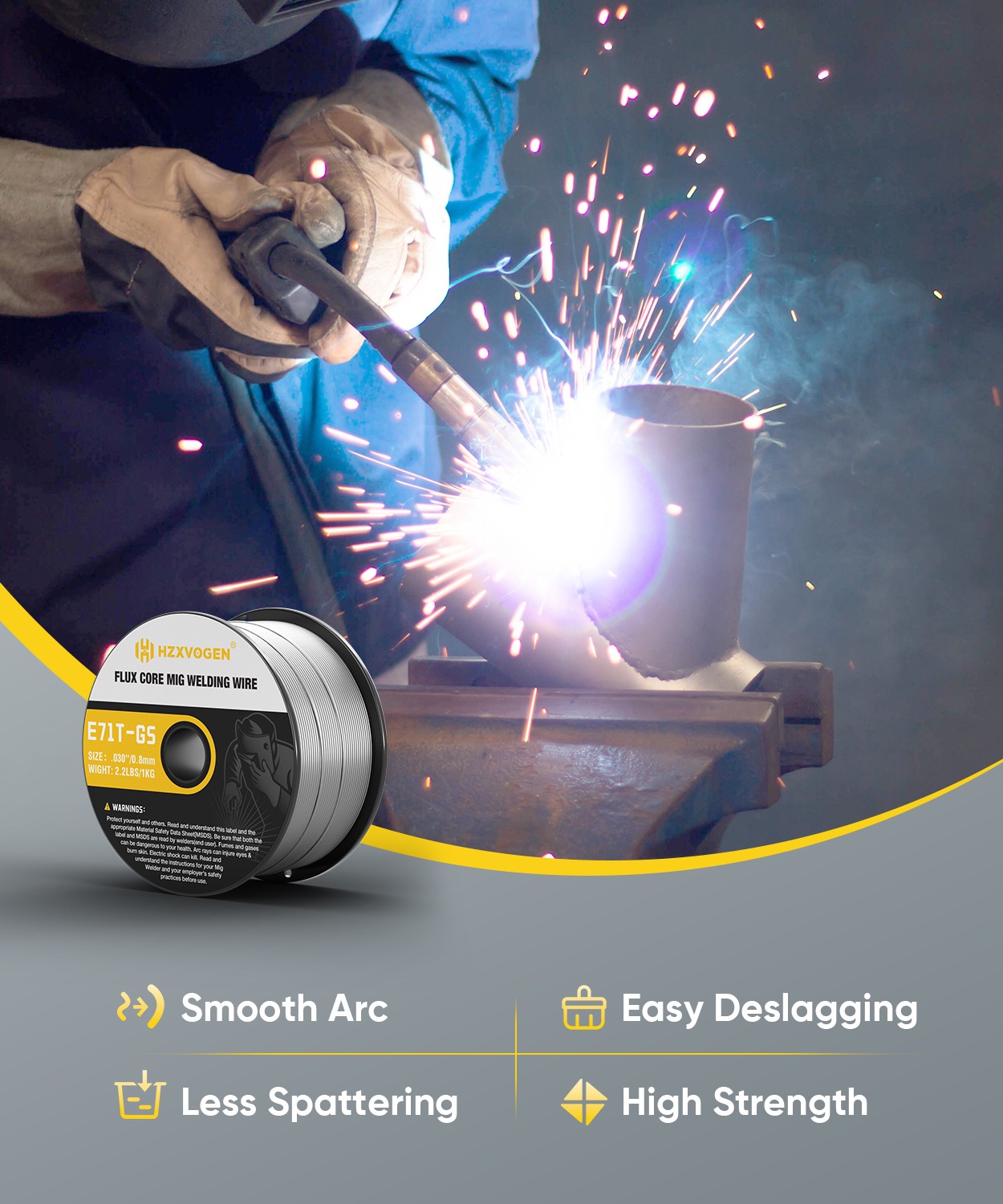 Flux Cored Welding Wire For Gasless MIG Welder Low Spatter 0.03in 1KG/2.2lb Wire