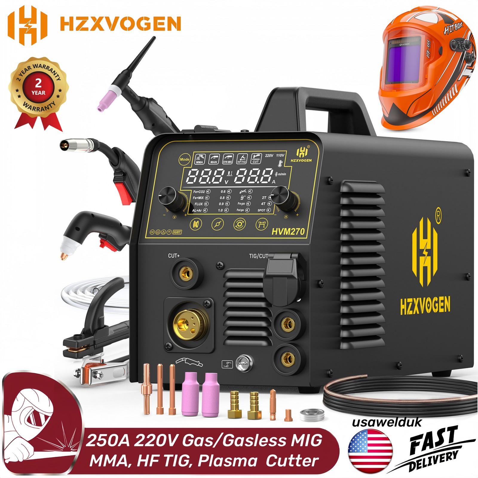 HZXVOGEN 6IN1 MIG Welder Aluminum 2T/4T Gas/Gasless MIG HF TIG MMA Plasma Cutter