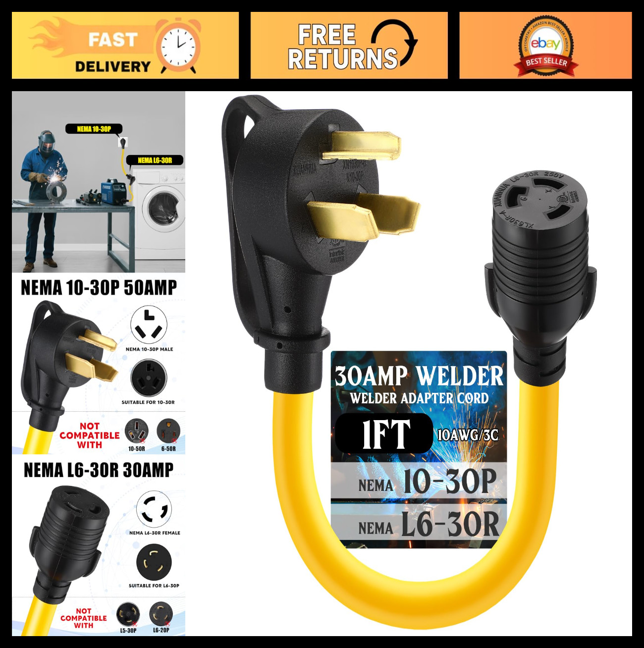 30Amp Welder Adapter Cord NEMA 10-30P to L6-30R, 3 Prong Male Plug, 1FT, ETL Lis