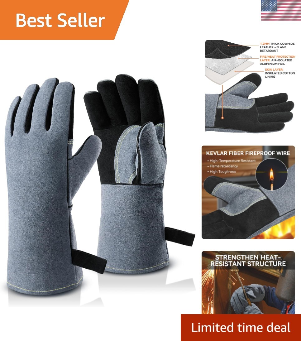 Heavy-Duty Heat Resistant Gloves – 932°F Safety Gear for Welding & BBQ – 2 Count